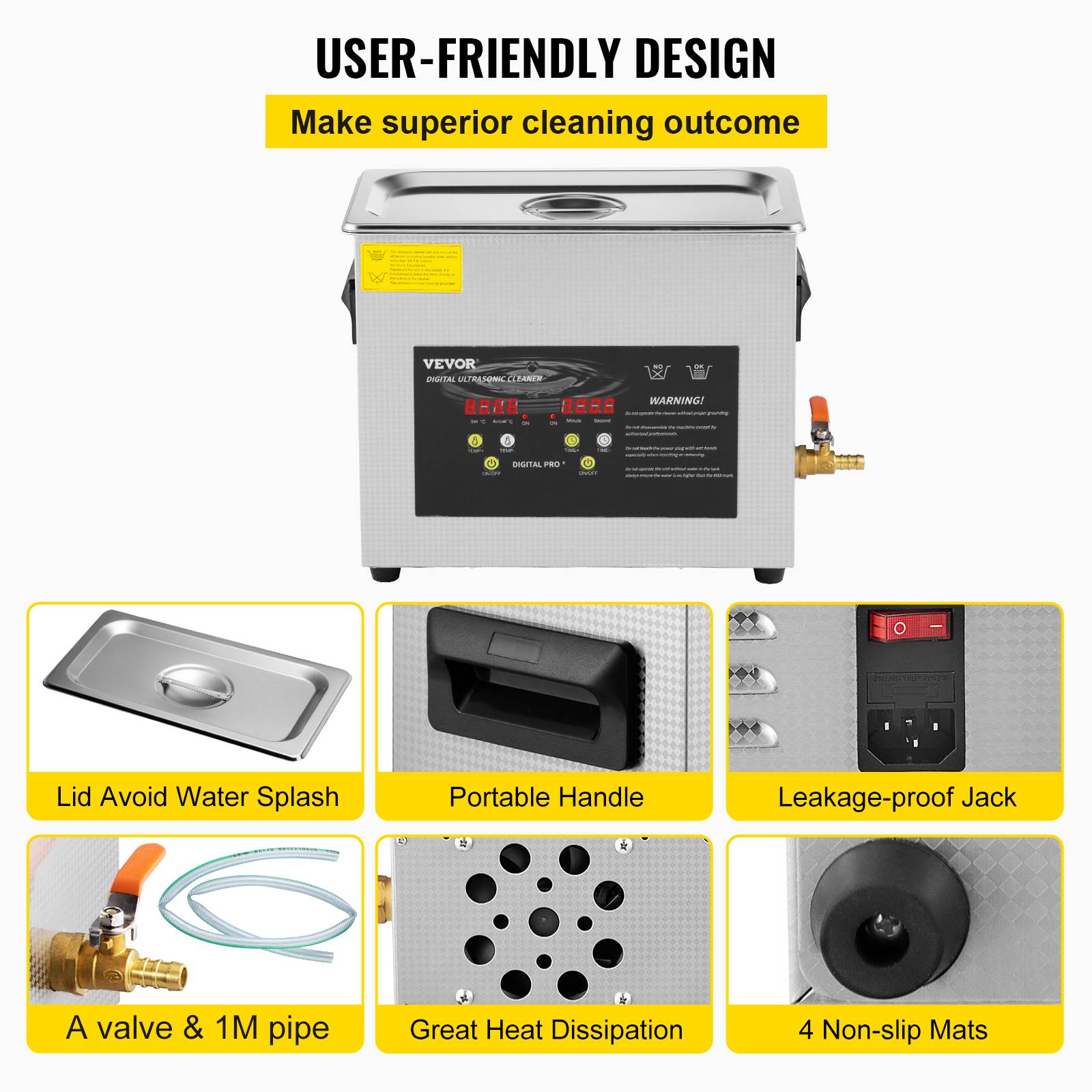 VEVOR Nettoyeur ultrasons numérique 6L, chauffage 400W, ultrason 180W, minuterie, en inox, pour bijoux, lunettes. - Image 6