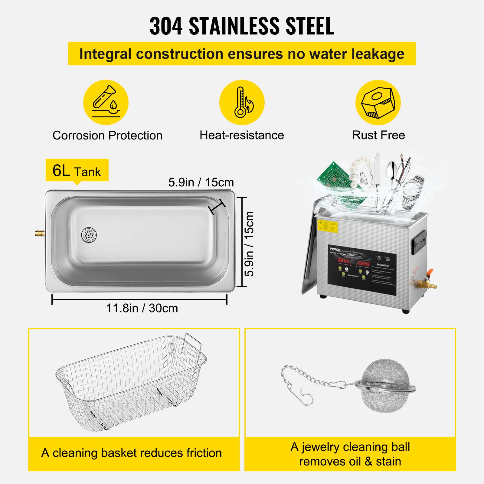 VEVOR Nettoyeur ultrasons numérique 6L, chauffage 400W, ultrason 180W, minuterie, en inox, pour bijoux, lunettes. - Image 5