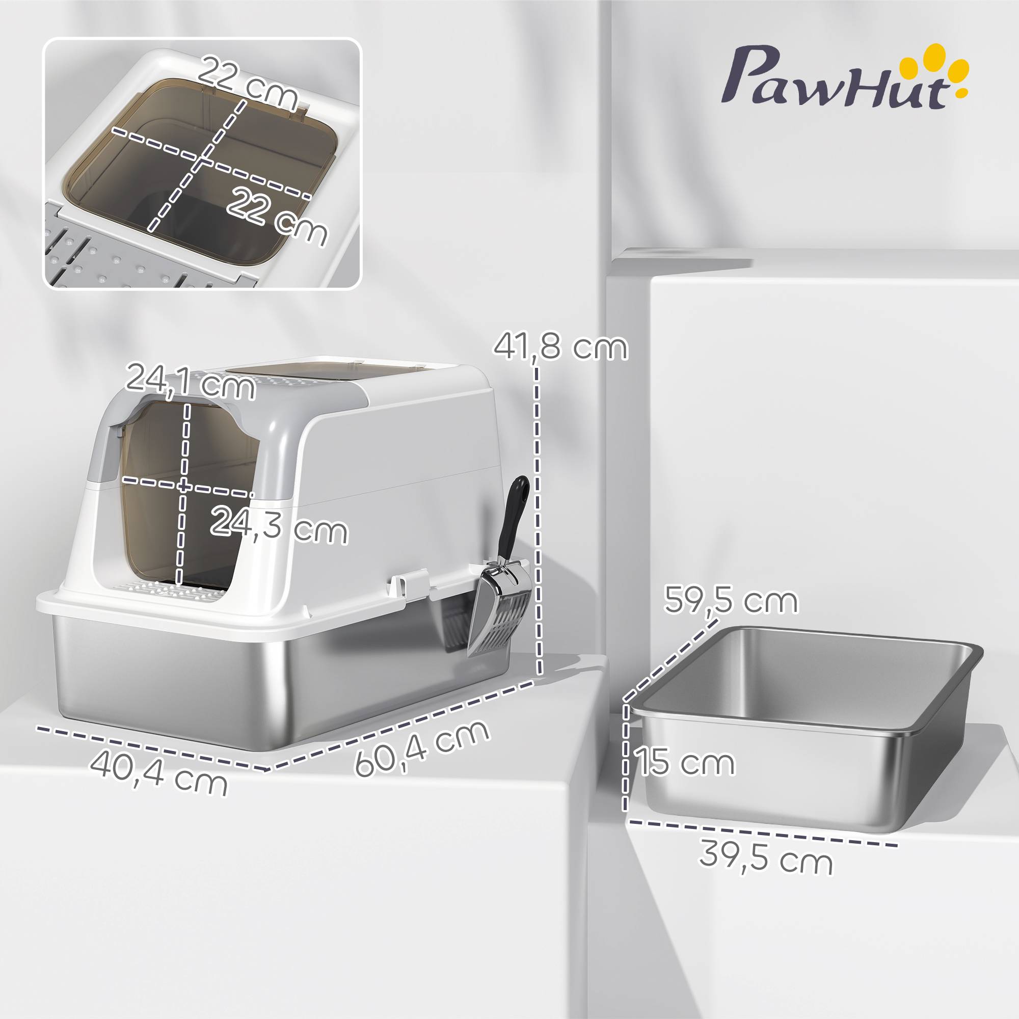 Sans Marque - Litière couvercle, pelle, entrée avant/sortie haute, inox, jusqu'à 7kg - Image 5