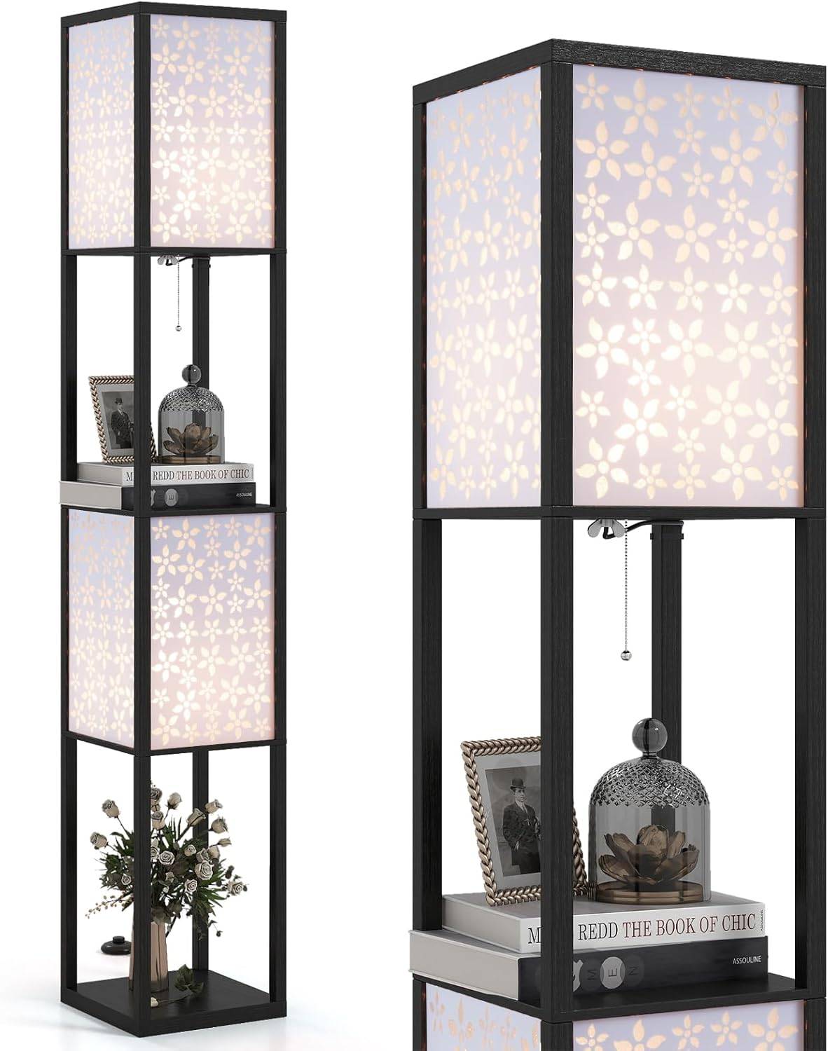 Costway - Lampadaire à Motif Floral, Lampe sur Pied avec 2 Étagères & 2 Abat-jours, Interrupteur à Pied & Chaîne à Tirer, Douille E27 sans Ampoule, Lampadaire p - Image 1