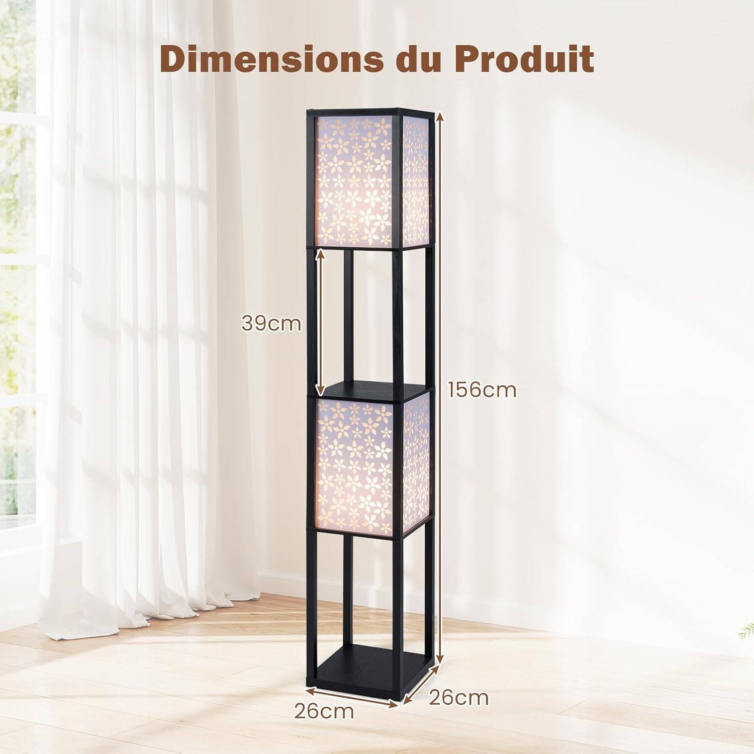 Costway - Lampadaire à Motif Floral, Lampe sur Pied avec 2 Étagères & 2 Abat-jours, Interrupteur à Pied & Chaîne à Tirer, Douille E27 sans Ampoule, Lampadaire p - Image 4