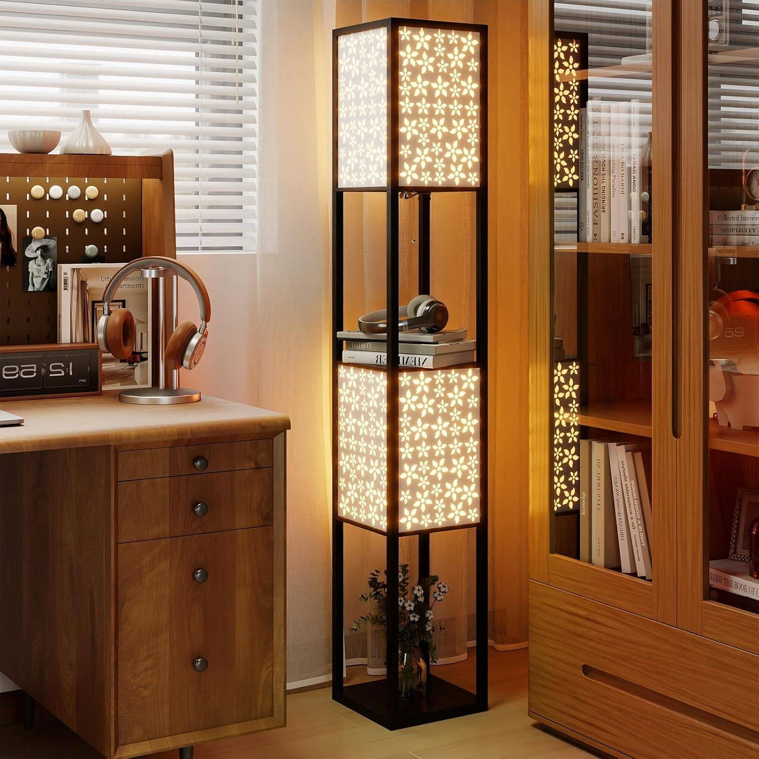 Costway - Lampadaire à Motif Floral, Lampe sur Pied avec 2 Étagères & 2 Abat-jours, Interrupteur à Pied & Chaîne à Tirer, Douille E27 sans Ampoule, Lampadaire p - Image 2