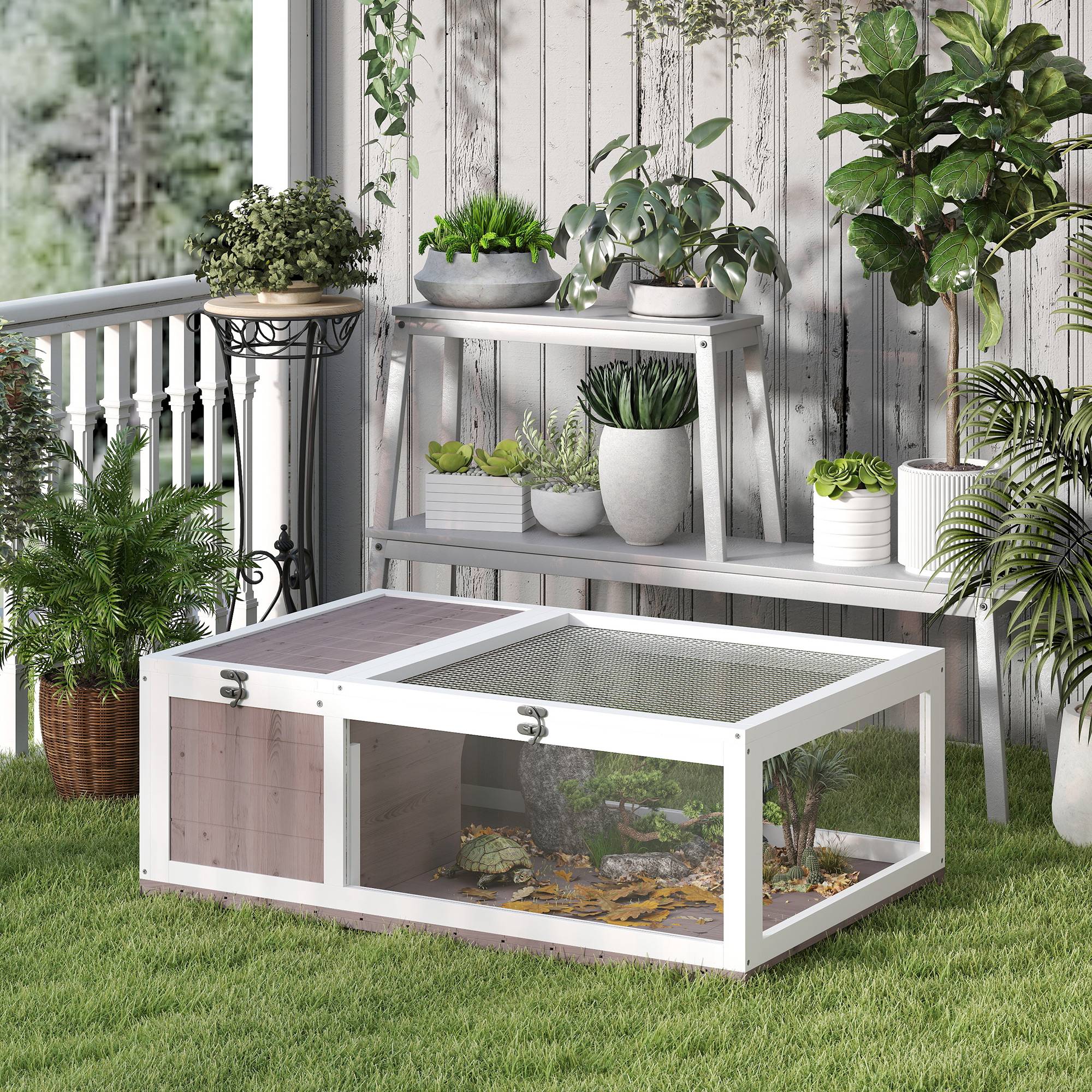 Sans Marque - Maison enclos cage habitat pour petit animal tortues avec 2 espaces 91 x 60,5 x 32 cm bois massif marron clair - Image 3