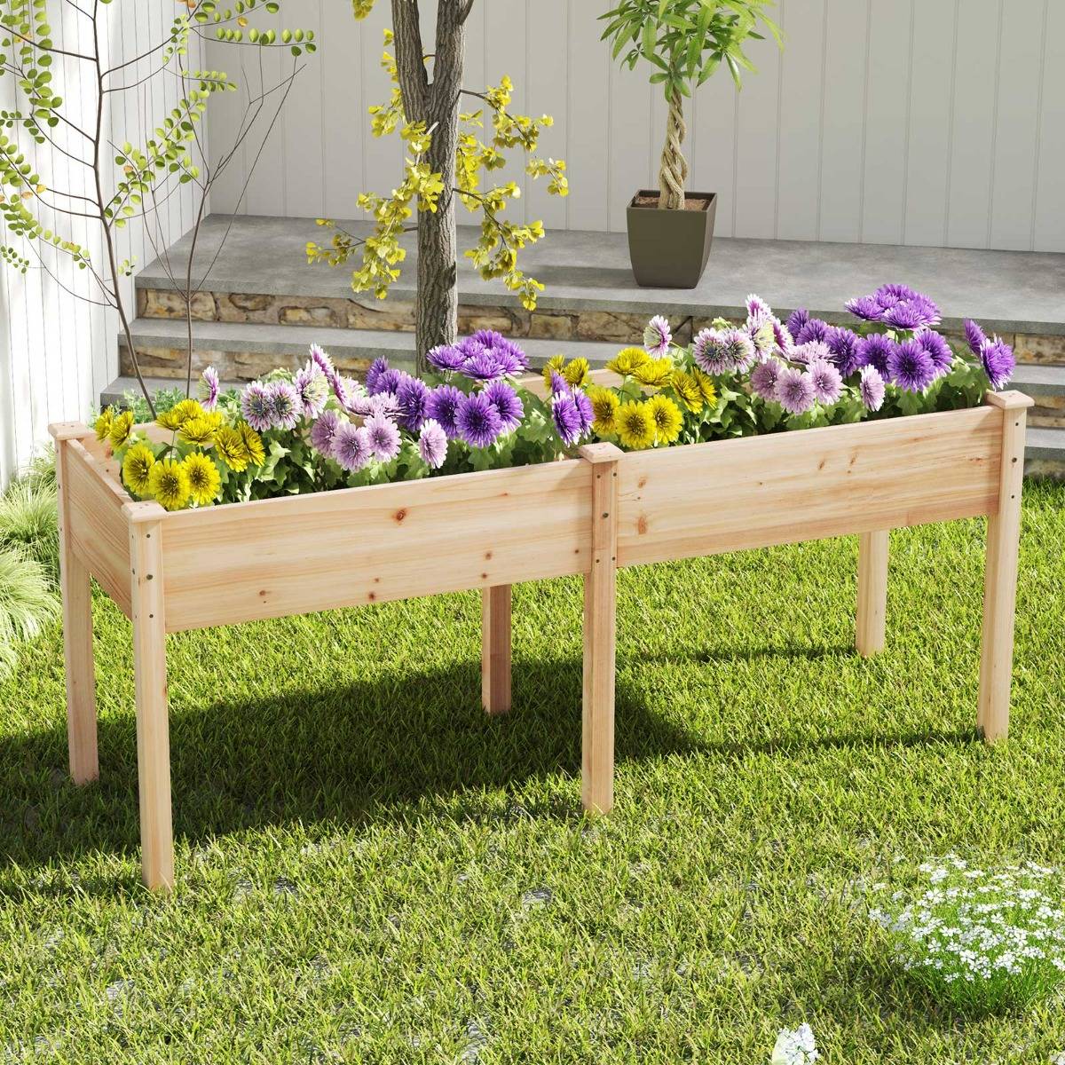 Bac de Jardin Surélevé pour Extérieur avec Pieds Bac à Plantes en Bois avec Panneau Diviseur Trous de Drainage Conteneur Naturel F57R - Image 2