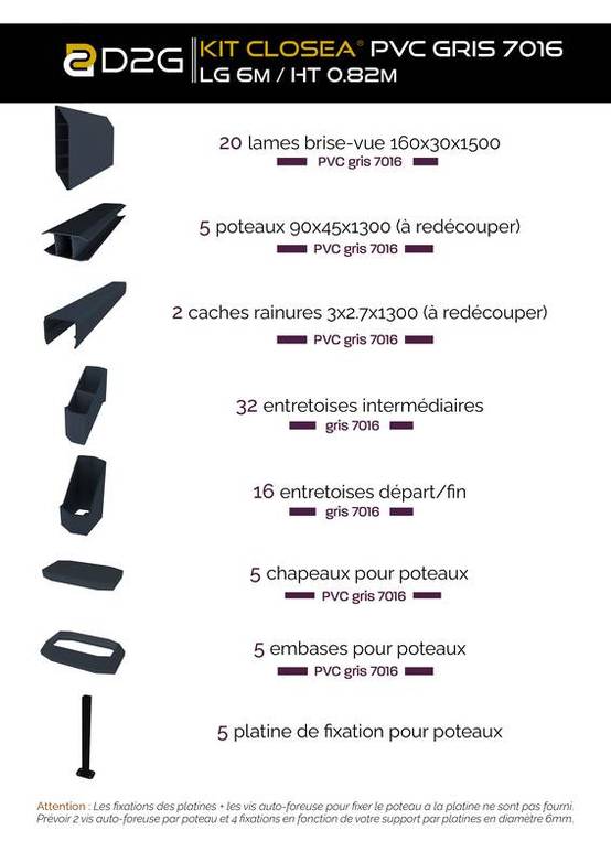 Closea - Kit cloture - Lame 16cm - PVC Gris - LG: 6m x H: 0m82 Closea - Image 4