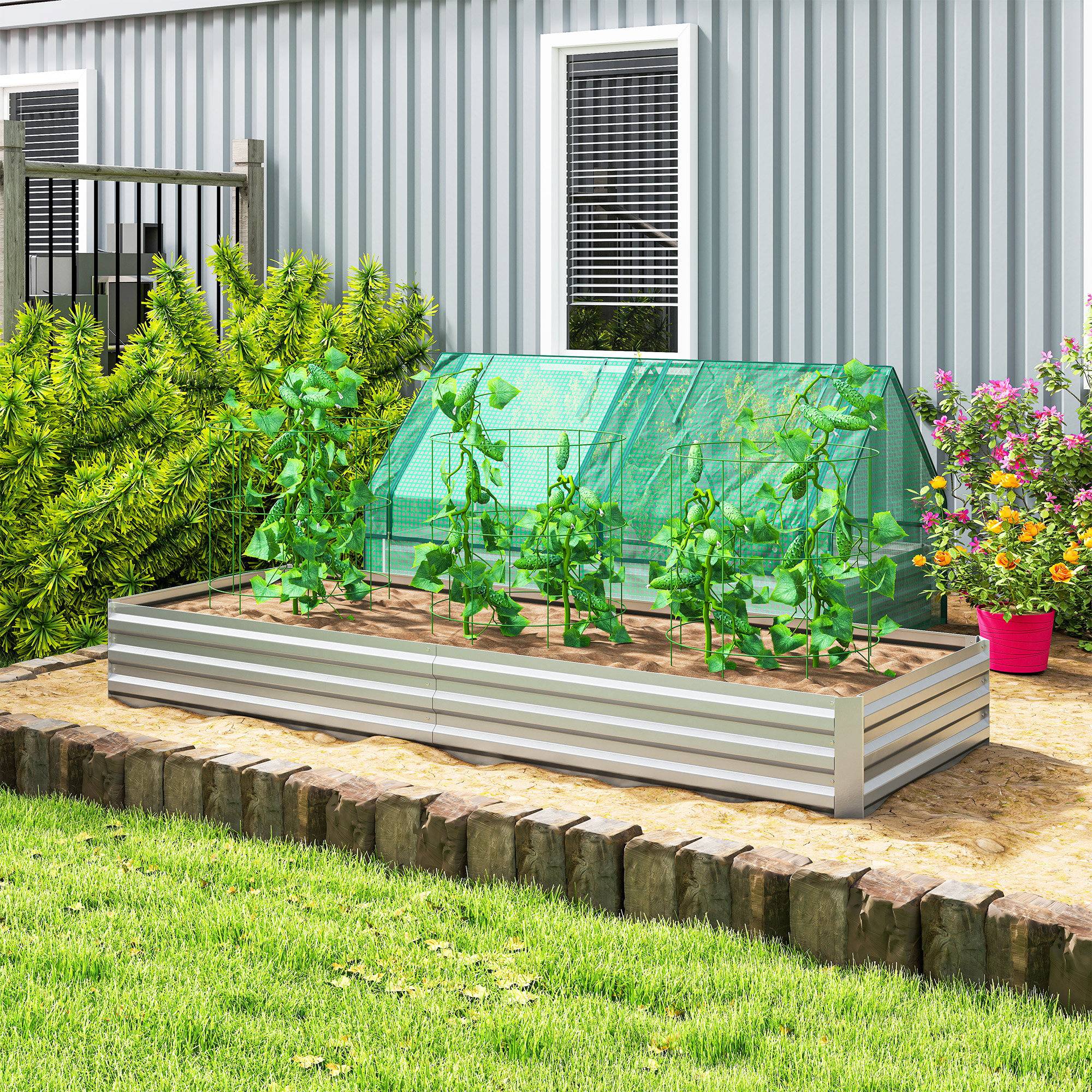Sans Marque - Carré potager de jardin rectangulaire jardinière extérieure 241 x 90,5 x 30 cm tôle d'acier ondulée argent - Image 3