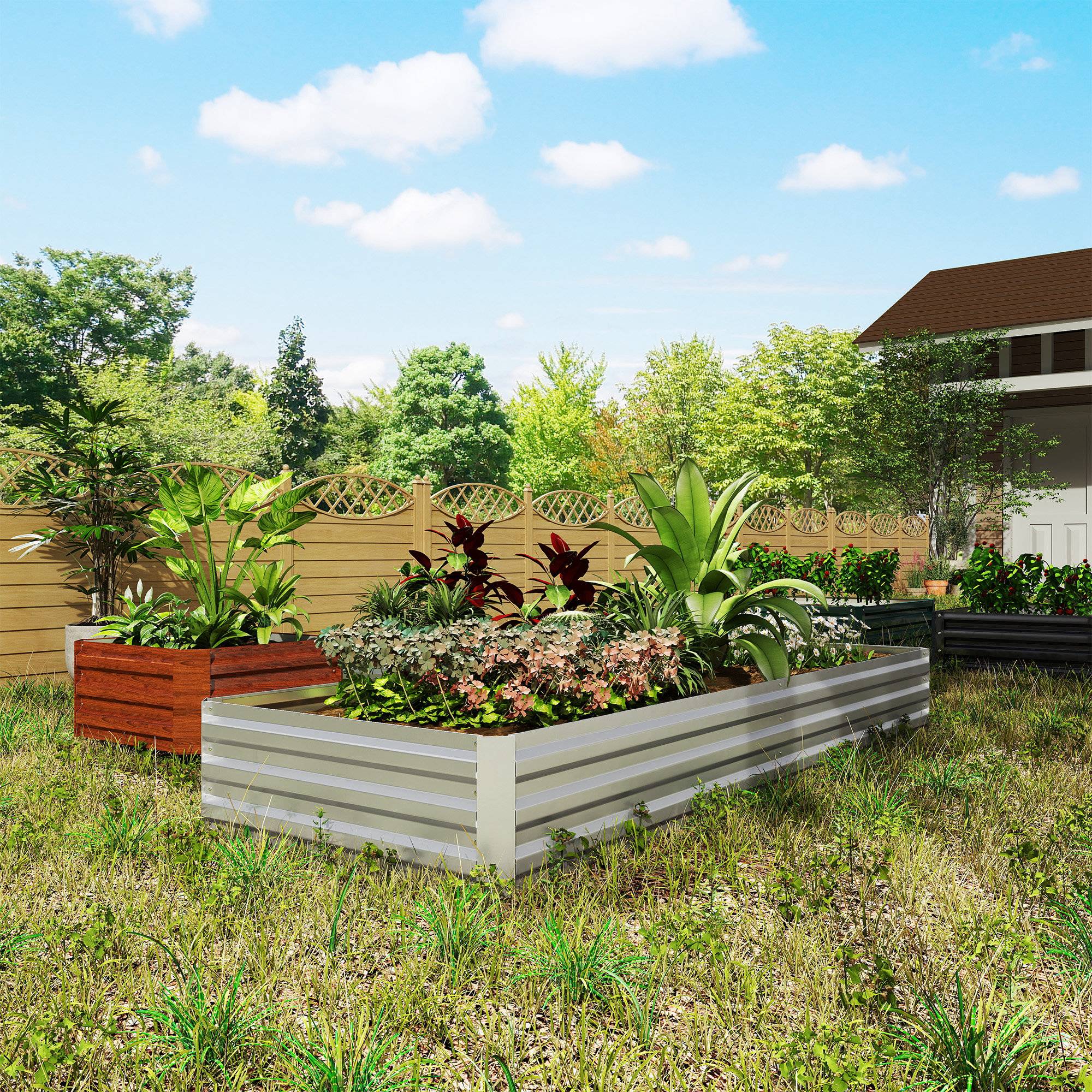 Sans Marque - Carré potager de jardin rectangulaire jardinière extérieure 241 x 90,5 x 30 cm tôle d'acier ondulée argent - Image 9