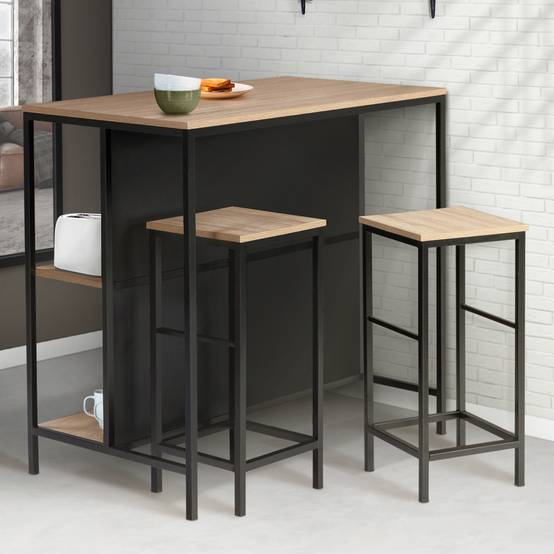 Ensemble table de bar îlot DETROIT et 2 tabourets design industriel - Image 1