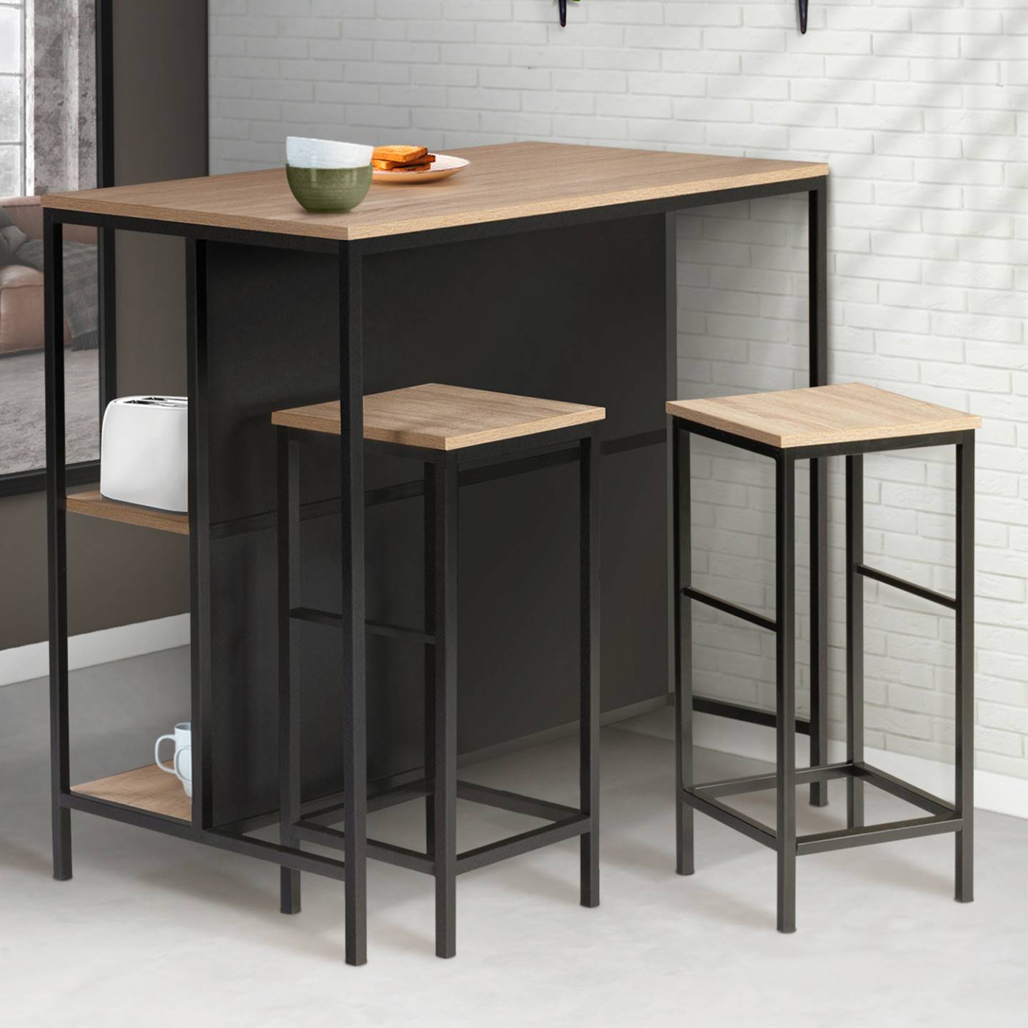 Ensemble table de bar îlot DETROIT et 2 tabourets design industriel - Image 1