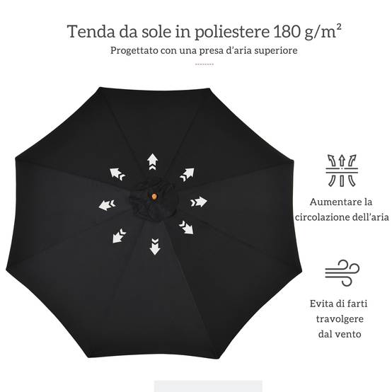 Parasol de jardin 3 m avec mât en bois, 8 baleines et toile en polyester, noir - Image 7