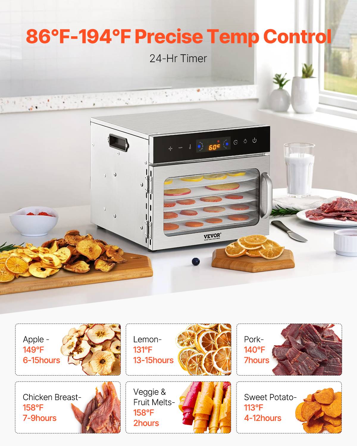 Vevor - VEVOR Déshydrateur alimentaire 6 plateaux inox 400W, T° régl., minuterie 24h, viande/fruits/légumes. - Image 5