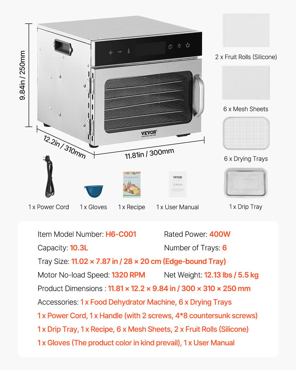 Vevor - VEVOR Déshydrateur alimentaire 6 plateaux inox 400W, T° régl., minuterie 24h, viande/fruits/légumes. - Image 7