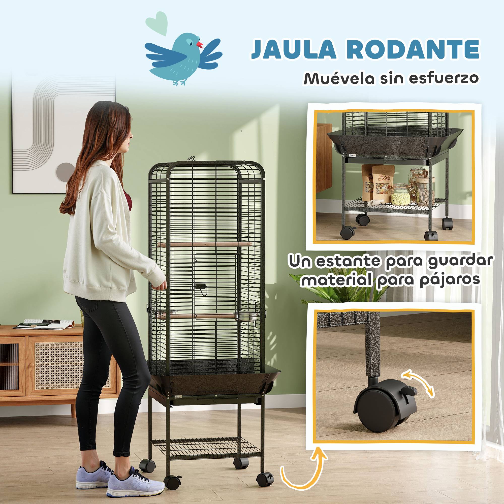 ComfortXL - Cage à Perroquet Mobile en Acier sur Roulettes avec Aire de Jeu 63x63x146 cm Gris Foncé - ComfortXL Outdoor Living - Image 9