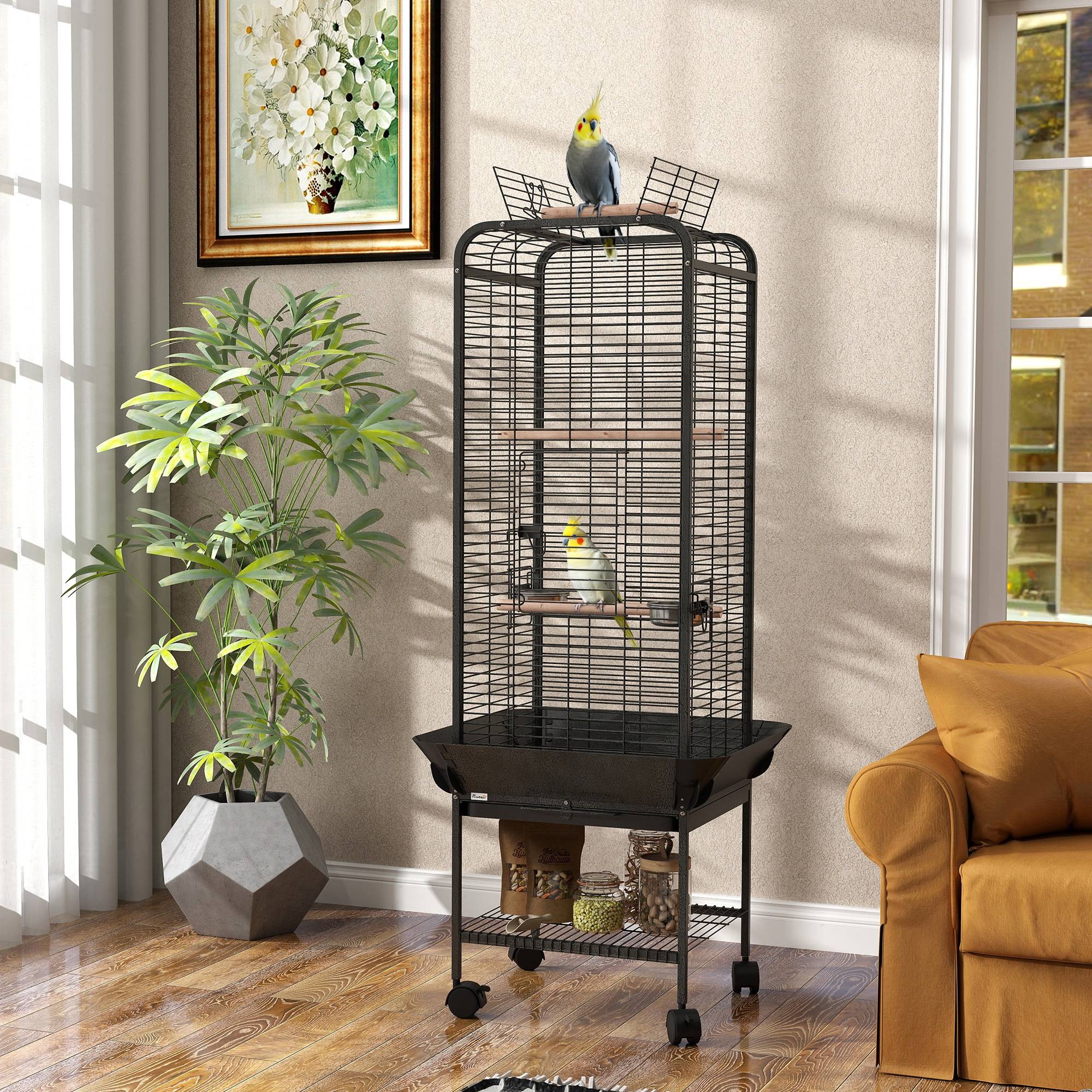 ComfortXL - Cage à Perroquet Mobile en Acier sur Roulettes avec Aire de Jeu 63x63x146 cm Gris Foncé - ComfortXL Outdoor Living - Image 4