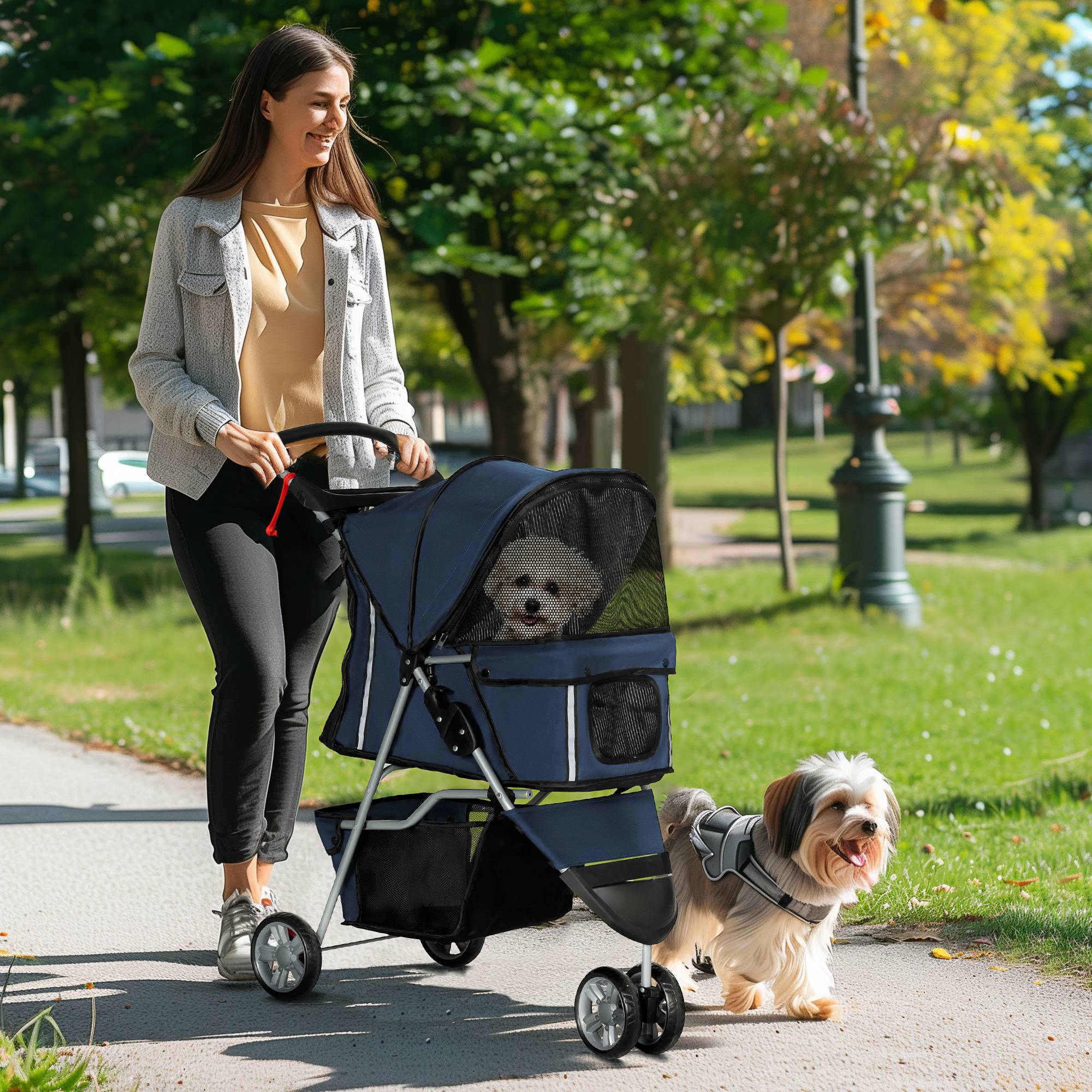 Poussette pour petit chien avec panier de rangement, fenêtres en filet et 2 roues universelles, 75 x 45 x 97 cm, bleu foncé - Image 3