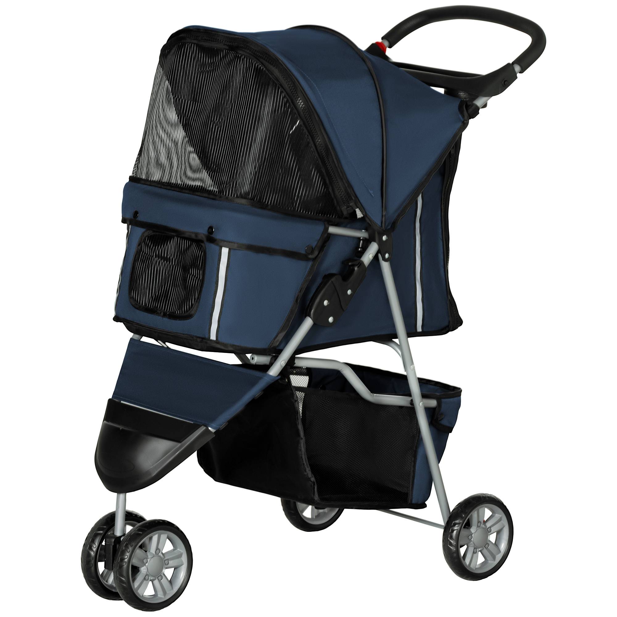 Poussette pour petit chien avec panier de rangement, fenêtres en filet et 2 roues universelles, 75 x 45 x 97 cm, bleu foncé - Image 2