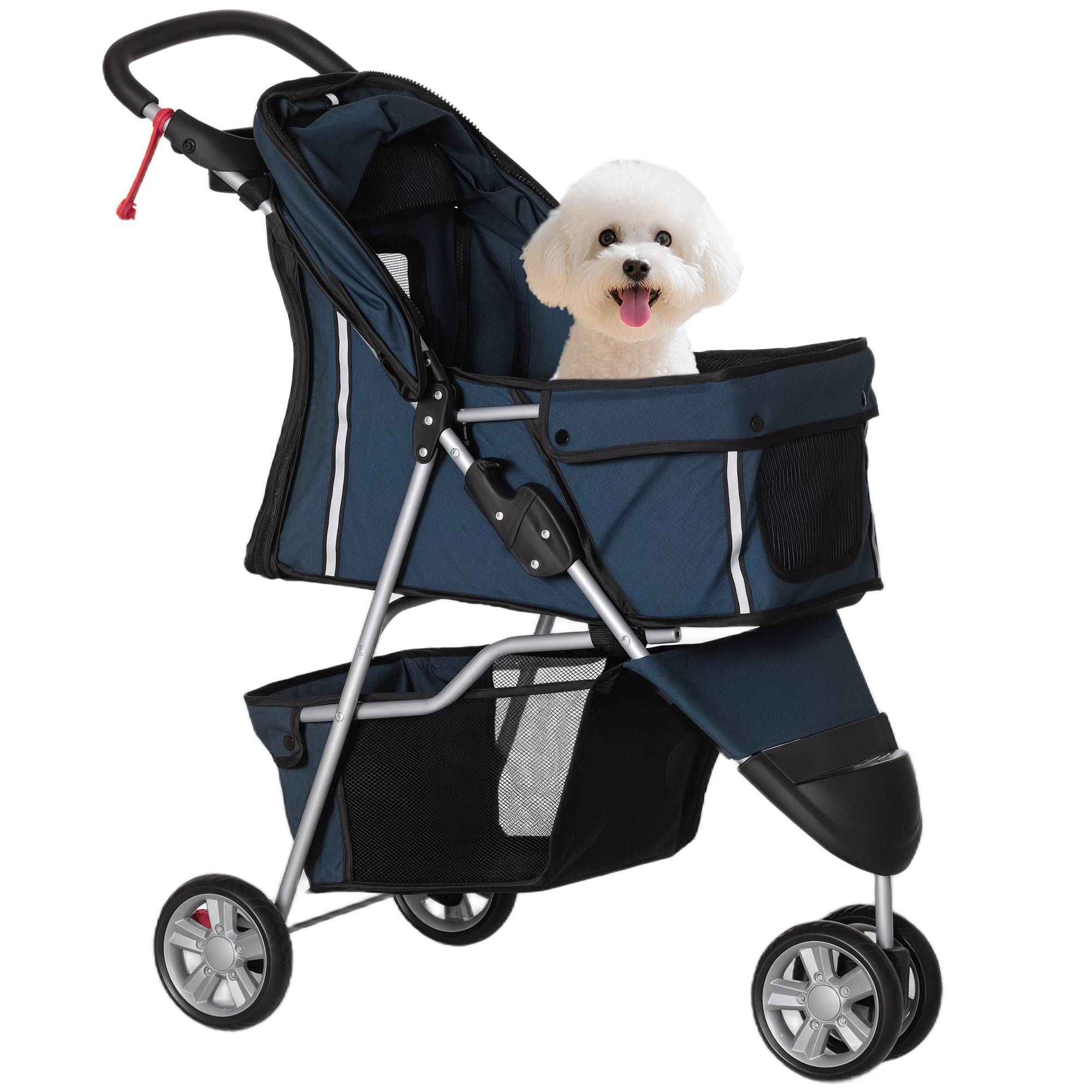 Poussette pour petit chien avec panier de rangement, fenêtres en filet et 2 roues universelles, 75 x 45 x 97 cm, bleu foncé - Image 1