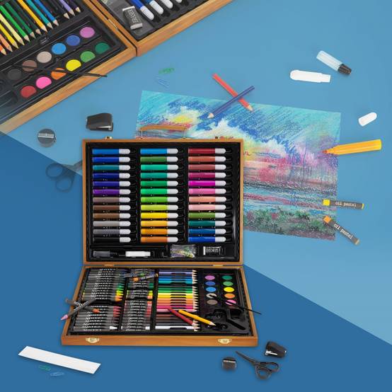 Relaxdays Coffret pour peinture, avec 56 pièces, gomme et aiguisoir, en Relaxdays Coffret pour peinture, avec 56 pièces, gomme et aiguisoir, en