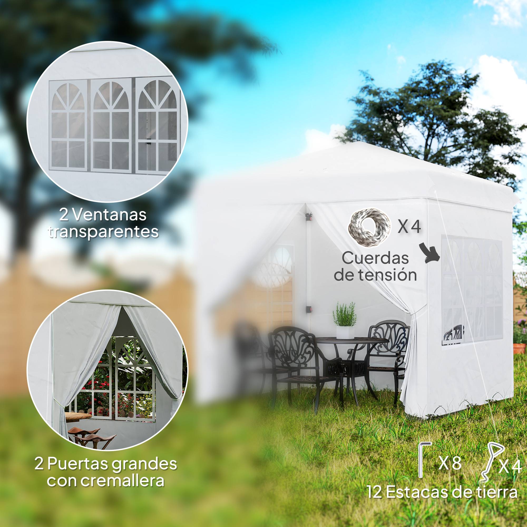 Tente pliante pop-up 2,5 x 2,5 m avec 4 parois latérales anti-UV, hauteur réglable et sac de transport, blanche - Image 10