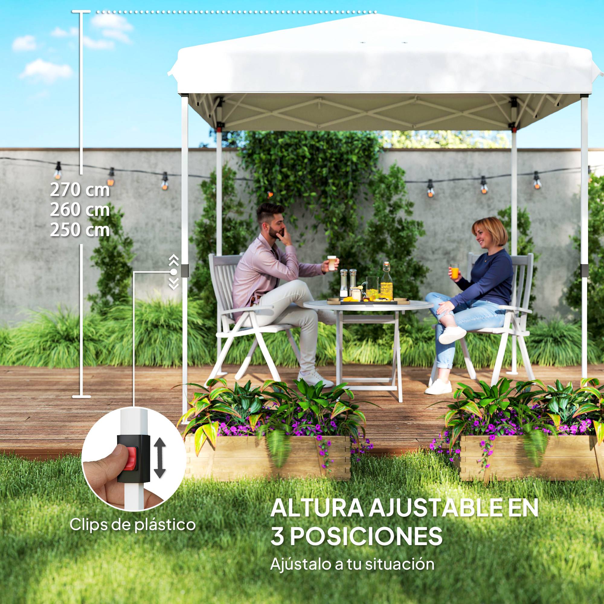 Tente pliante pop-up 2,5 x 2,5 m avec 4 parois latérales anti-UV, hauteur réglable et sac de transport, blanche - Image 7