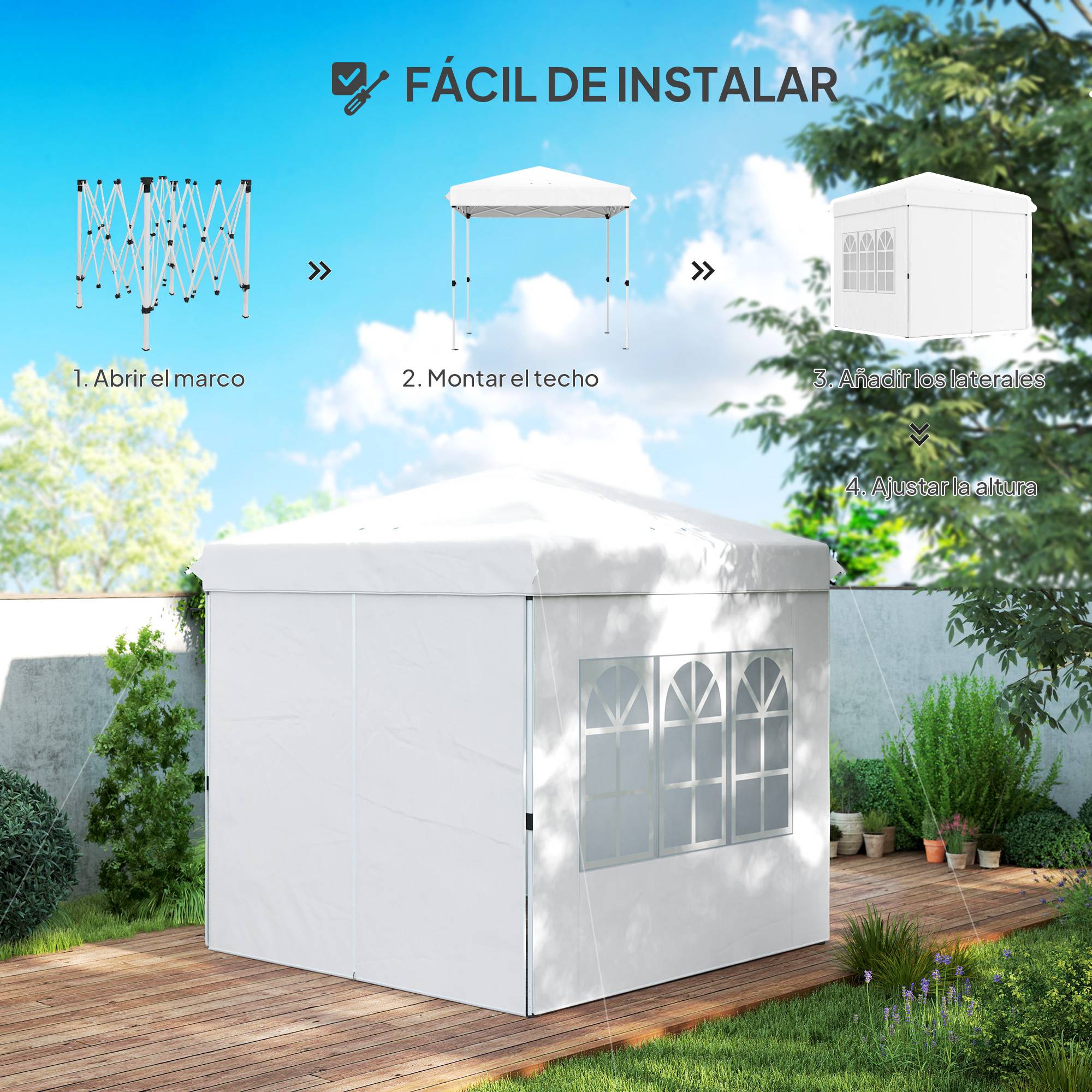 Tente pliante pop-up 2,5 x 2,5 m avec 4 parois latérales anti-UV, hauteur réglable et sac de transport, blanche - Image 6