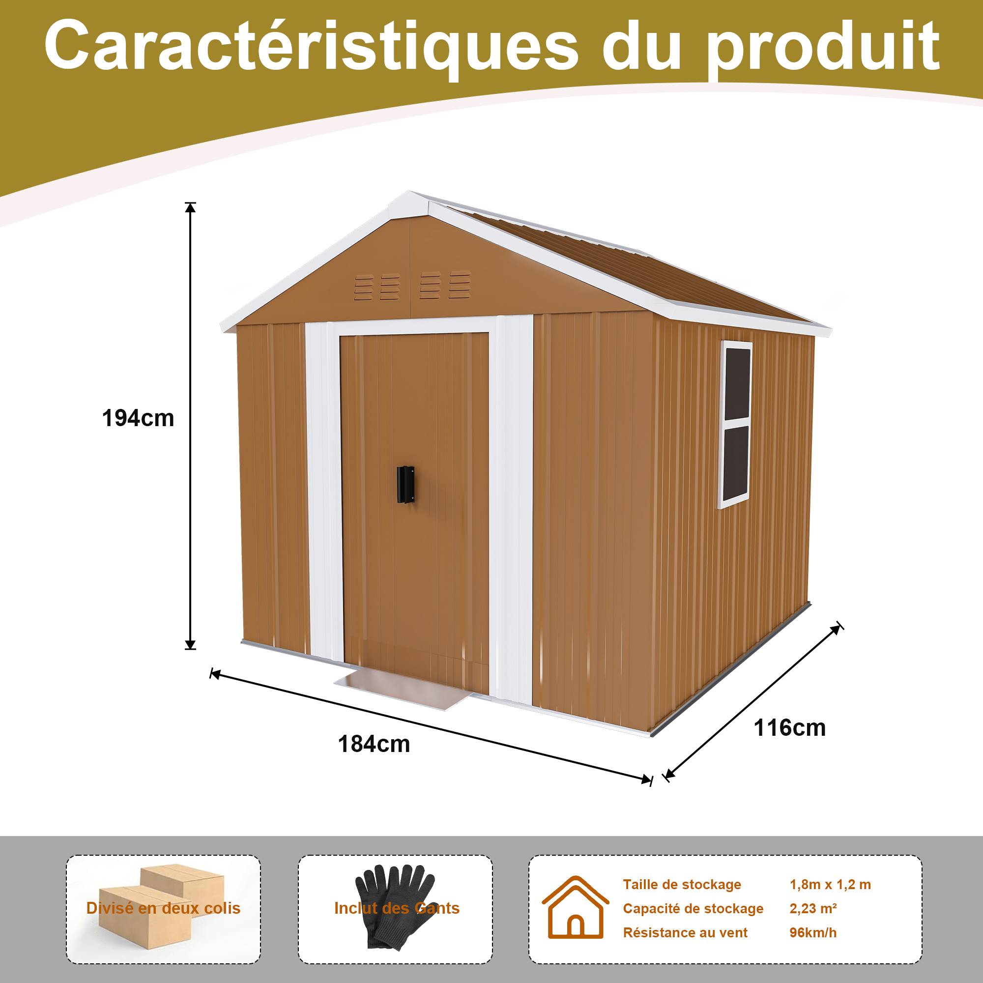 ComfortXL - Abri de jardin en métal pour outils et vélos porte verrouillable 184 x 116 x 194 cm brun - ComfortXL Outdoor Living - Image 4