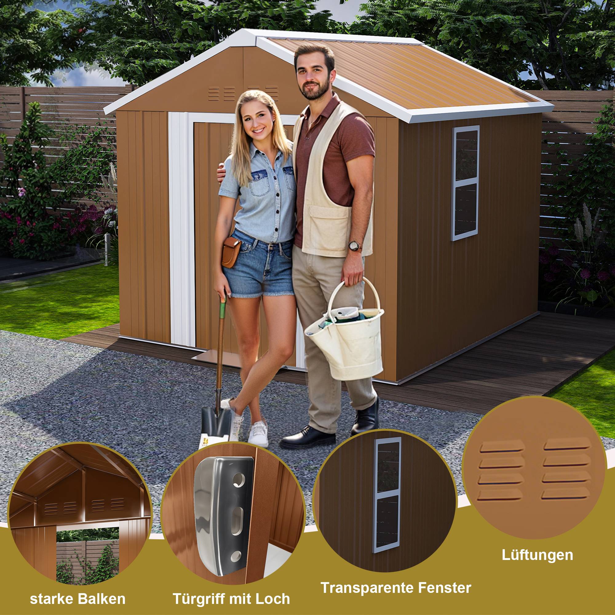 ComfortXL - Abri de jardin en métal pour outils et vélos porte verrouillable 184 x 116 x 194 cm brun - ComfortXL Outdoor Living - Image 8