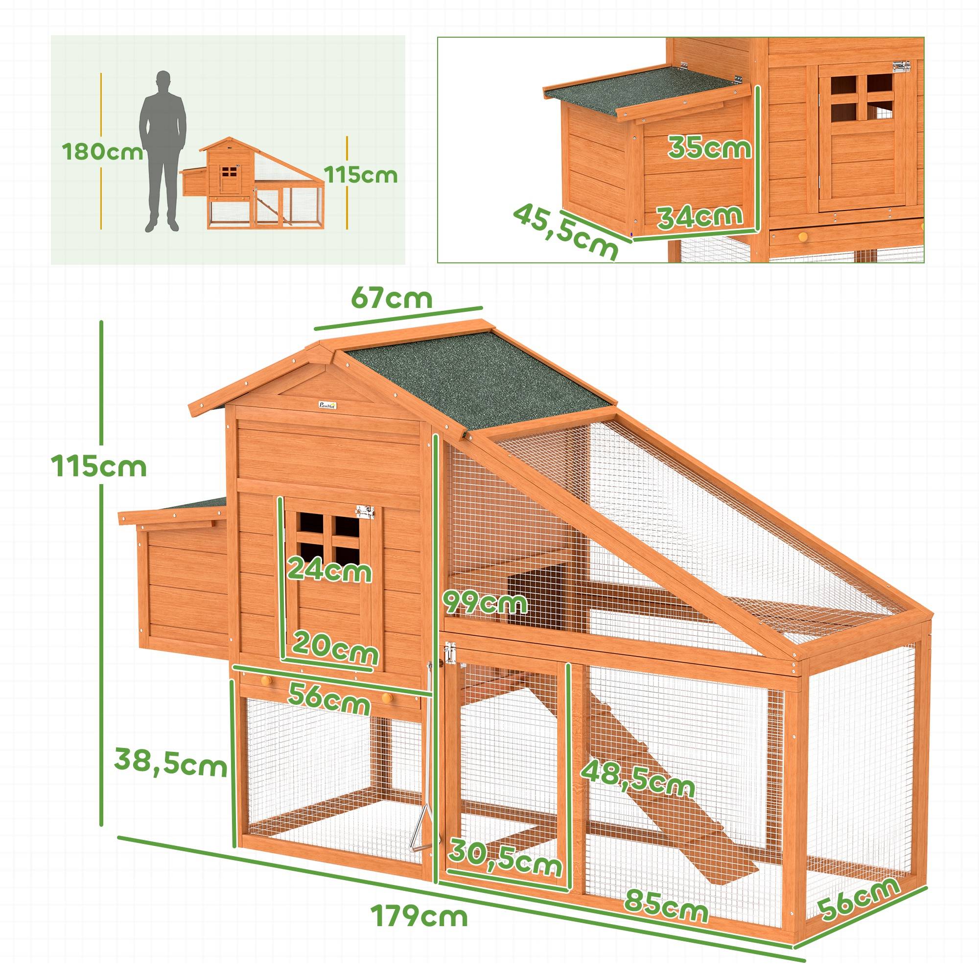 Sans Marque - Poulailler cottage cage poules pied multi-équipement pin pré-huilé 179x67x115 cm orange - Image 5