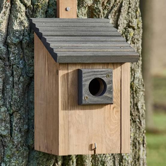 Mangeoire oiseaux extérieur à suspendre pour oiseaux sauvages en bois massif toit pente gris - Image 1