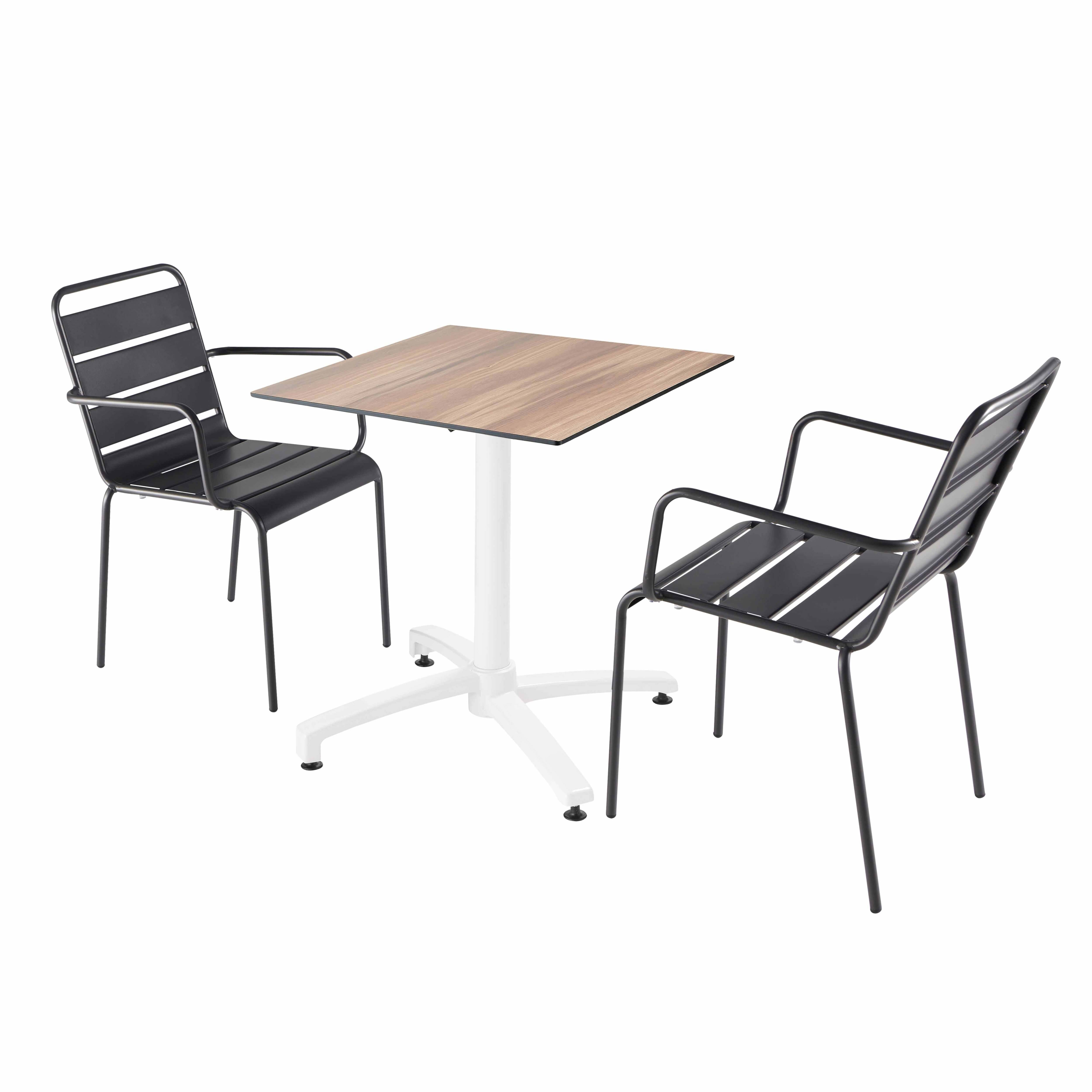 Oviala - Ensemble table terrasse stratifié chêne foncé et 2 fauteuils gris - Oviala - Image 1