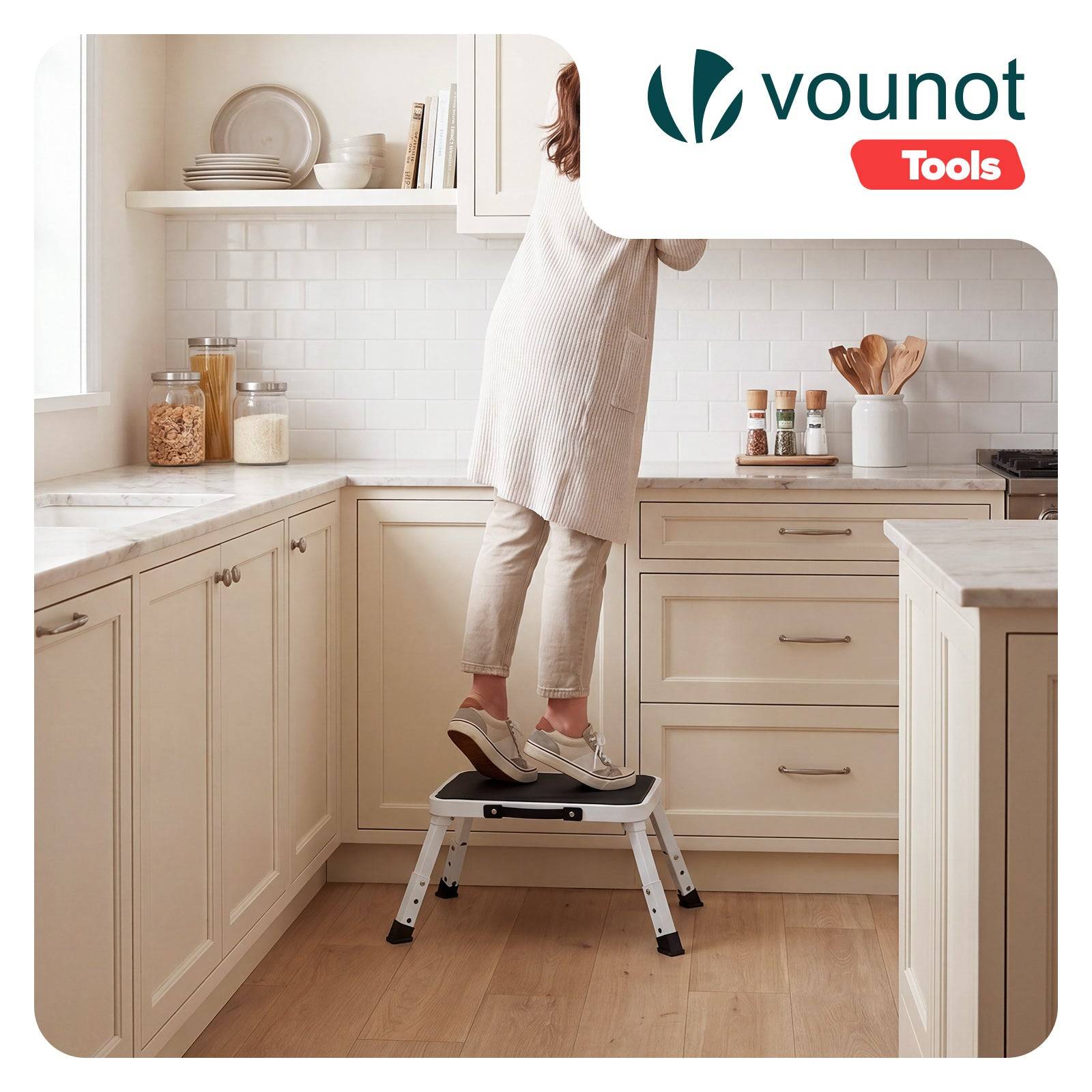 Vounot - Marchepied pliable portable en métal hauteur réglable - Escabeau avec plateforme antidérapant 38x26cm - Tabouret demi-marches blanc - VOUNOT® - Image 2