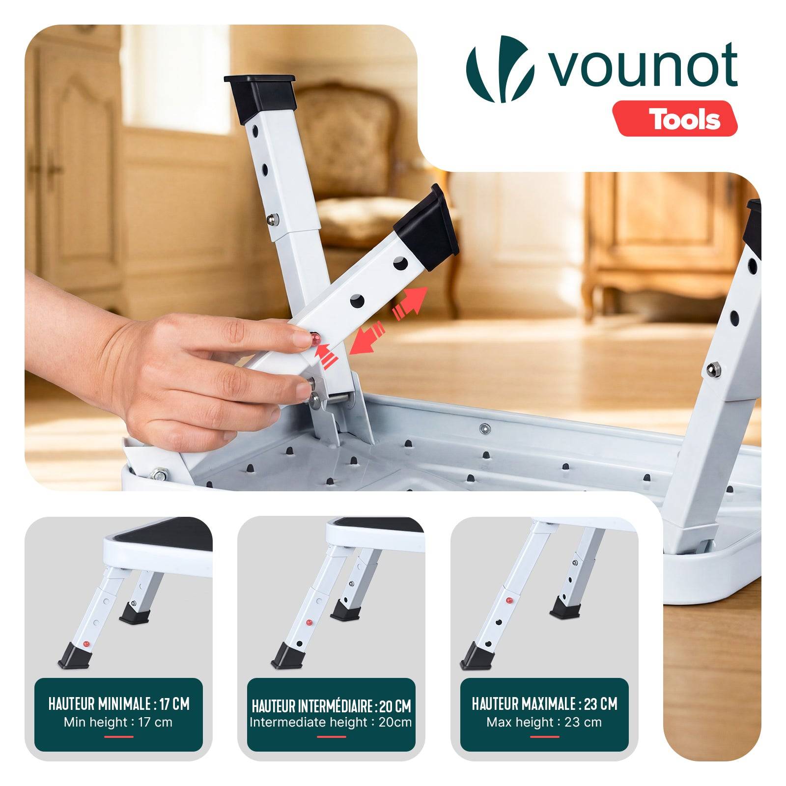 Vounot - Marchepied pliable portable en métal hauteur réglable - Escabeau avec plateforme antidérapant 38x26cm - Tabouret demi-marches blanc - VOUNOT® - Image 4