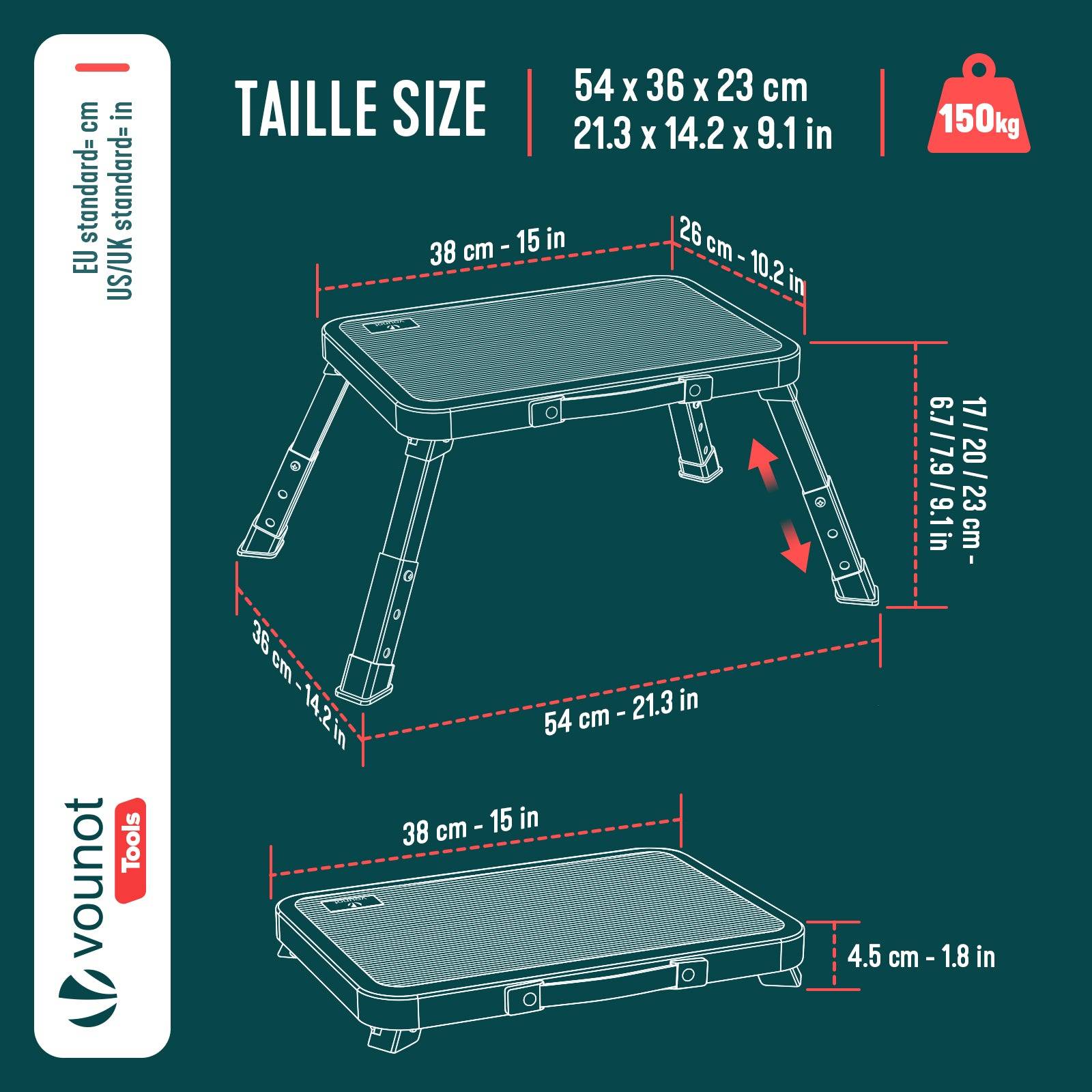 Vounot - Marchepied pliable portable en métal hauteur réglable - Escabeau avec plateforme antidérapant 38x26cm - Tabouret demi-marches blanc - VOUNOT® - Image 3