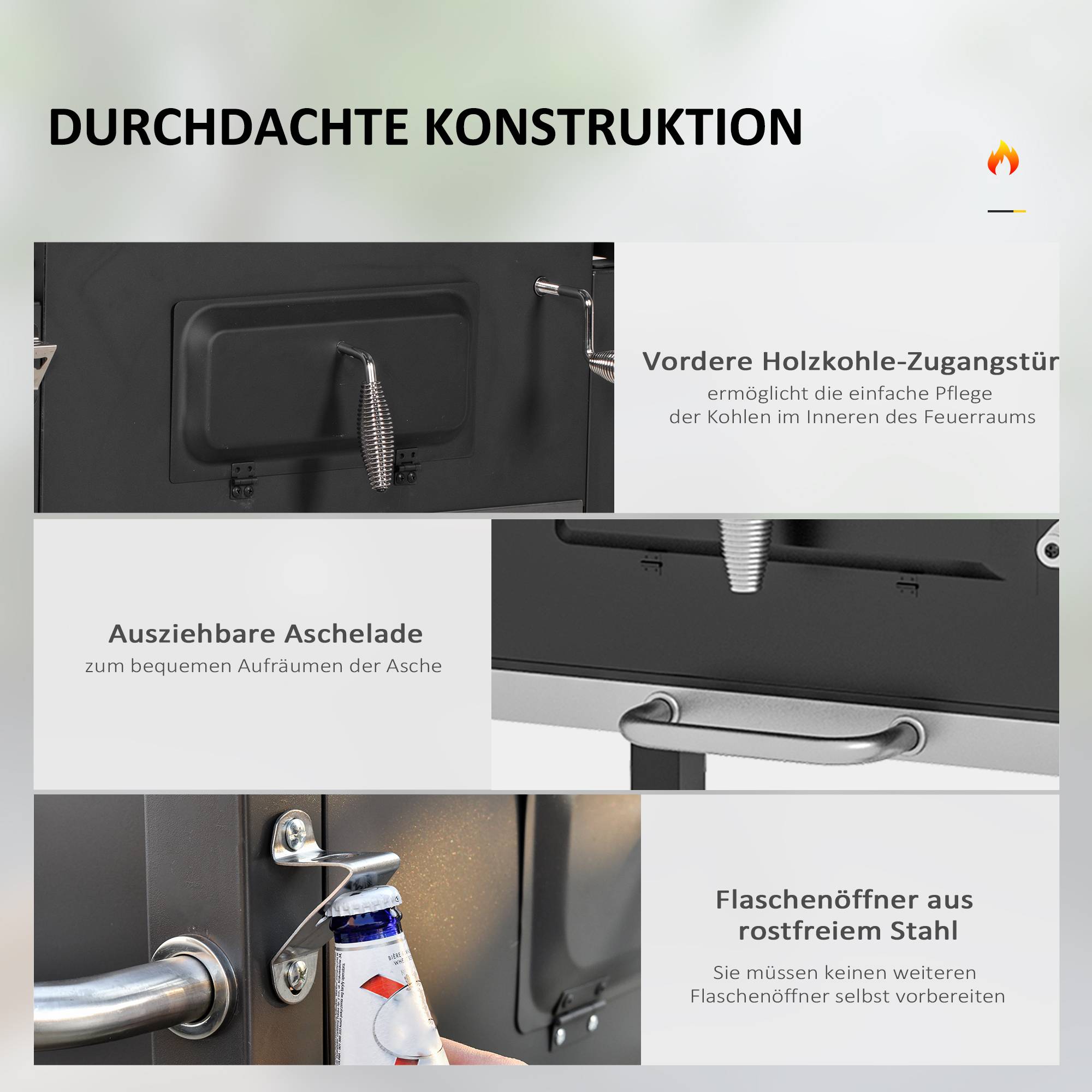 ComfortXL - Barbecue à charbon fumoir acier inoxydable noir 113 x 65 x 108 cm 2 grilles thermomètre et tablette latérale - Image 6