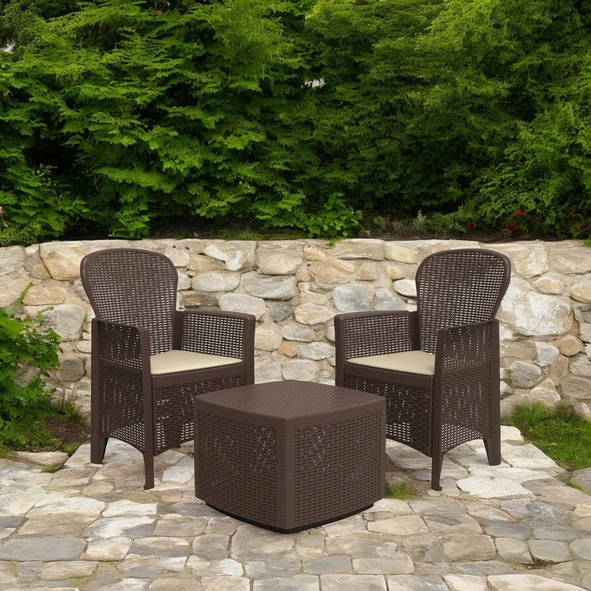 Dmora - Ensemble de salon d'extérieur Naples, Composition de jardin avec 2 fauteuils et 1 table de rangement, Salon effet rotin, Marron - Dmora - Image 2