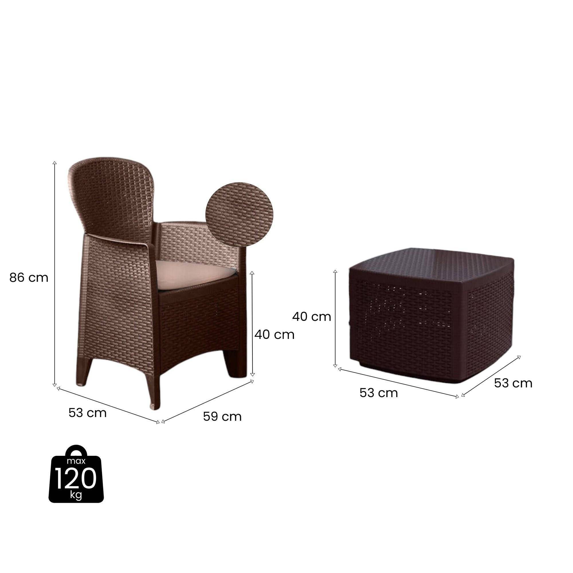 Dmora - Ensemble de salon d'extérieur Naples, Composition de jardin avec 2 fauteuils et 1 table de rangement, Salon effet rotin, Marron - Dmora - Image 3