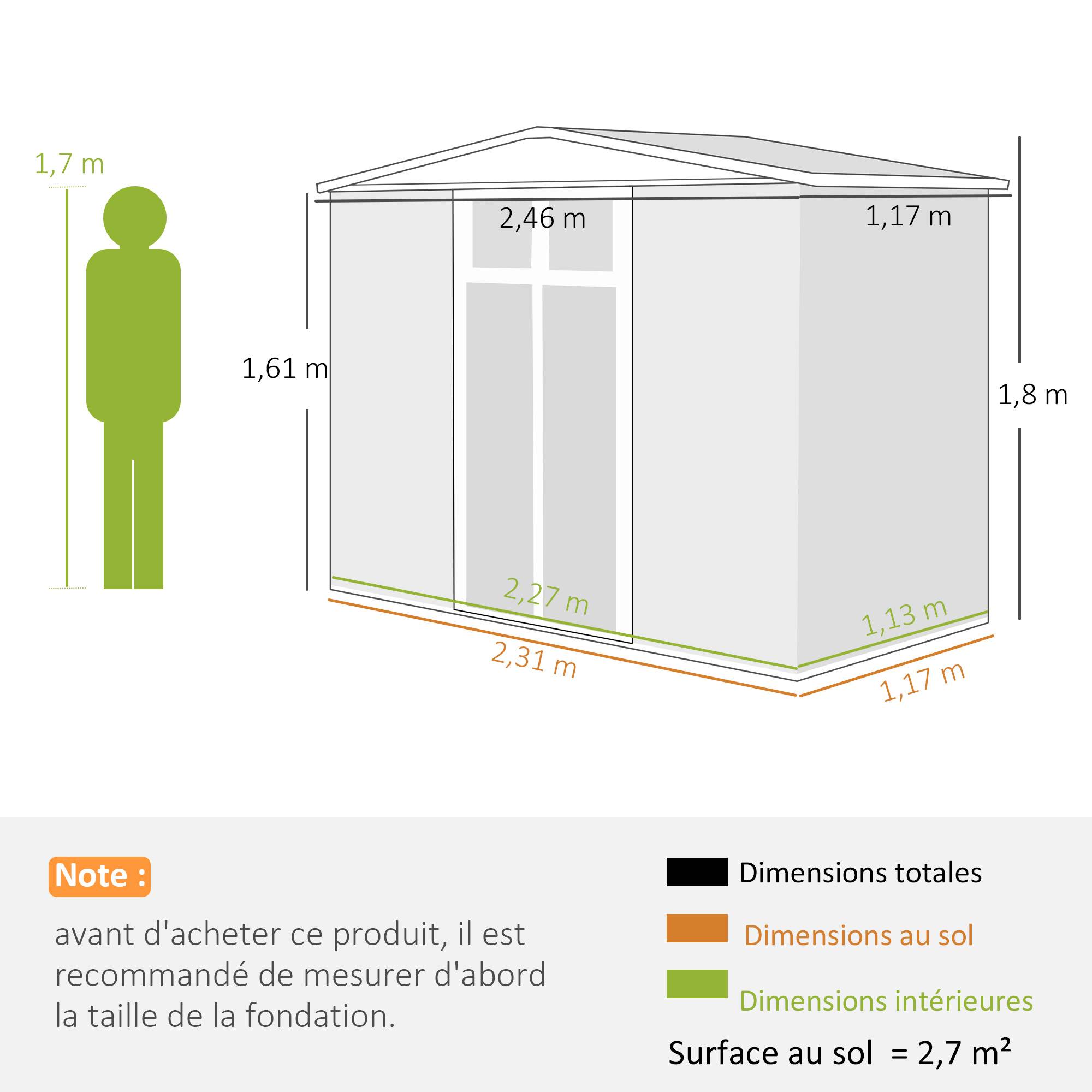 Sans Marque - Abri de jardin en métal 2,7 m² avec fenêtre, 4 évents et porte verrouillable, 246 x 117 x 180 cm, gris - Image 5