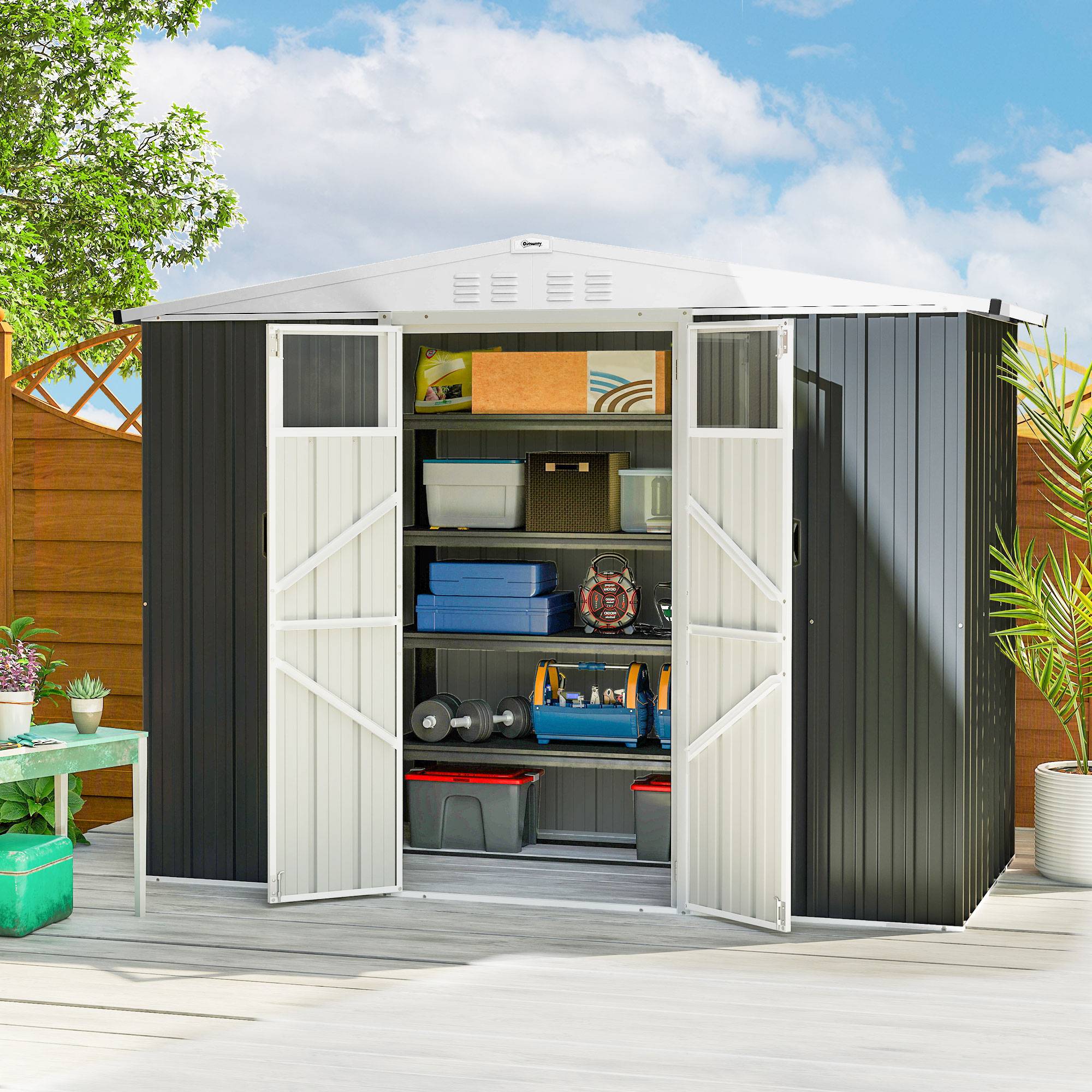 Sans Marque - Abri de jardin en métal 2,7 m² avec fenêtre, 4 évents et porte verrouillable, 246 x 117 x 180 cm, gris - Image 3