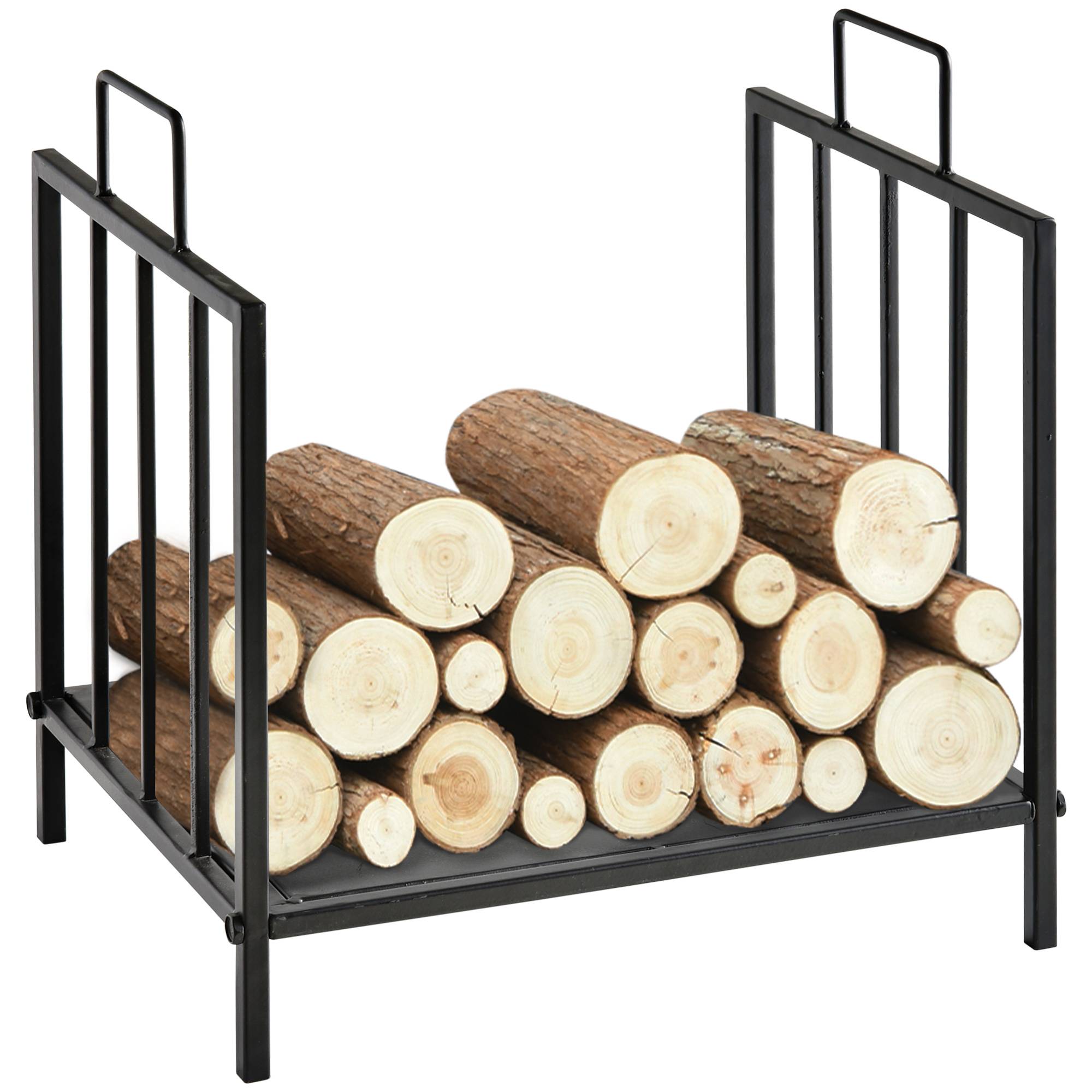 Porte‑bûches traditionnel cheminée, rangement bois intérieur‑extérieur, poignées, base surélevée, 44,5x33x46,5 cm, noir