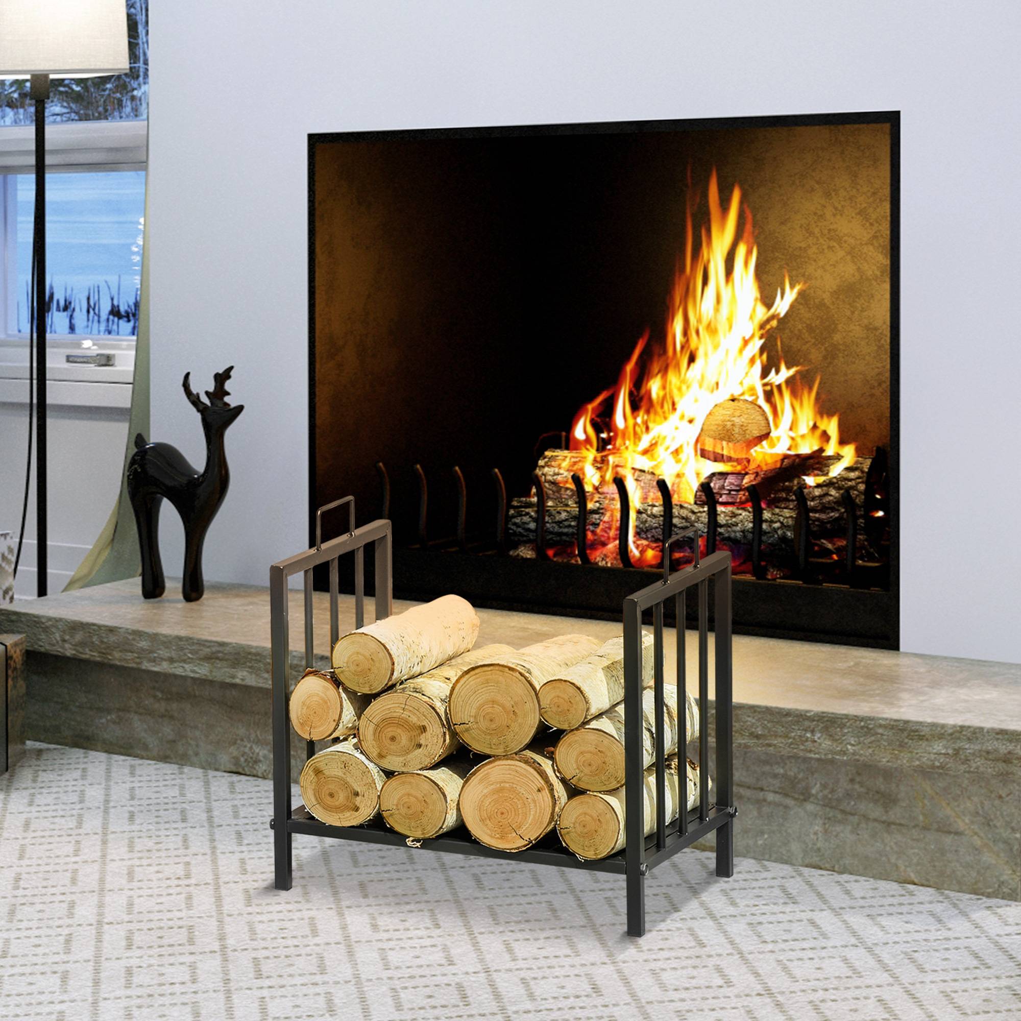 Porte‑bûches traditionnel cheminée, rangement bois intérieur‑extérieur, poignées, base surélevée, 44,5x33x46,5 cm, noir - Image 9