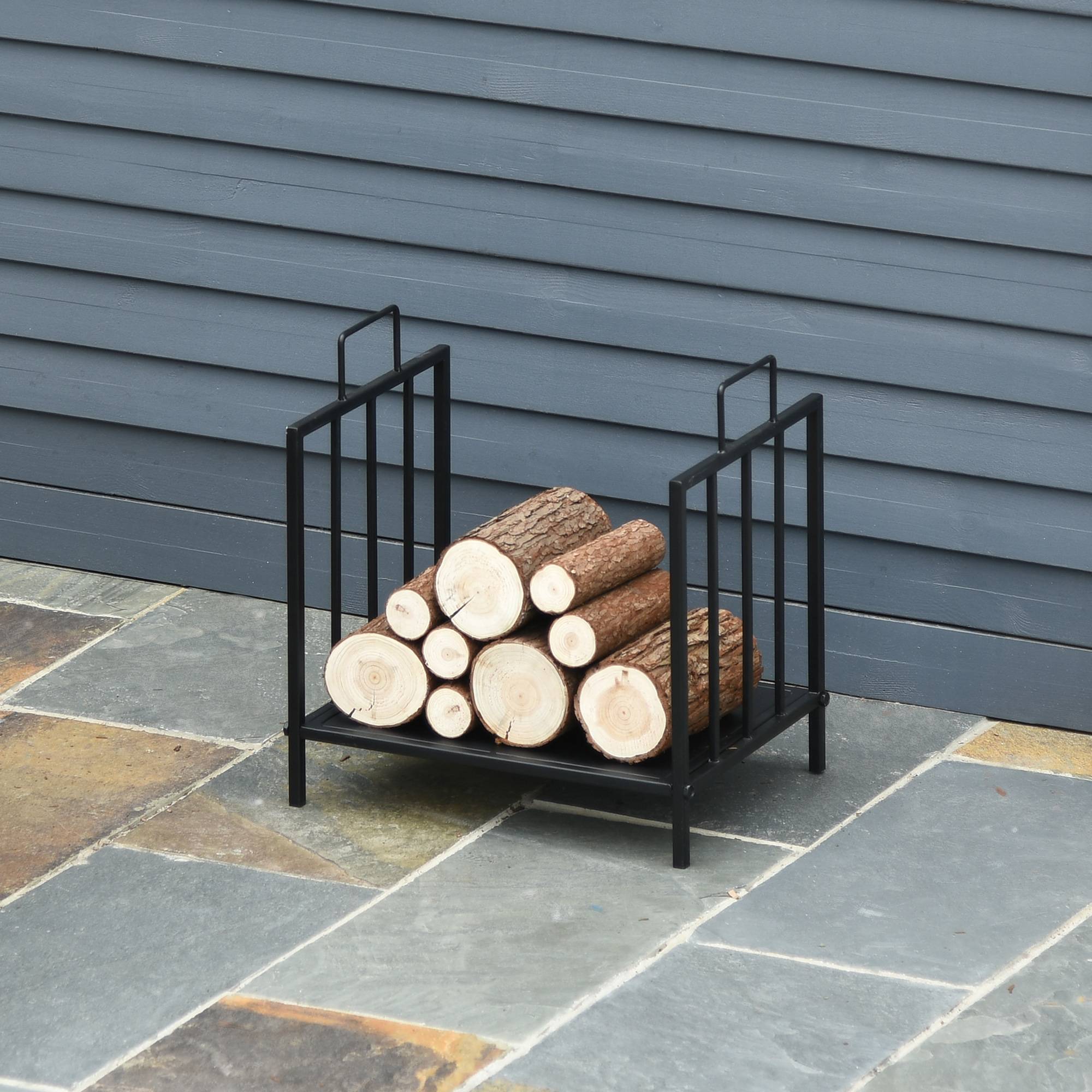 Porte‑bûches traditionnel cheminée, rangement bois intérieur‑extérieur, poignées, base surélevée, 44,5x33x46,5 cm, noir - Image 3