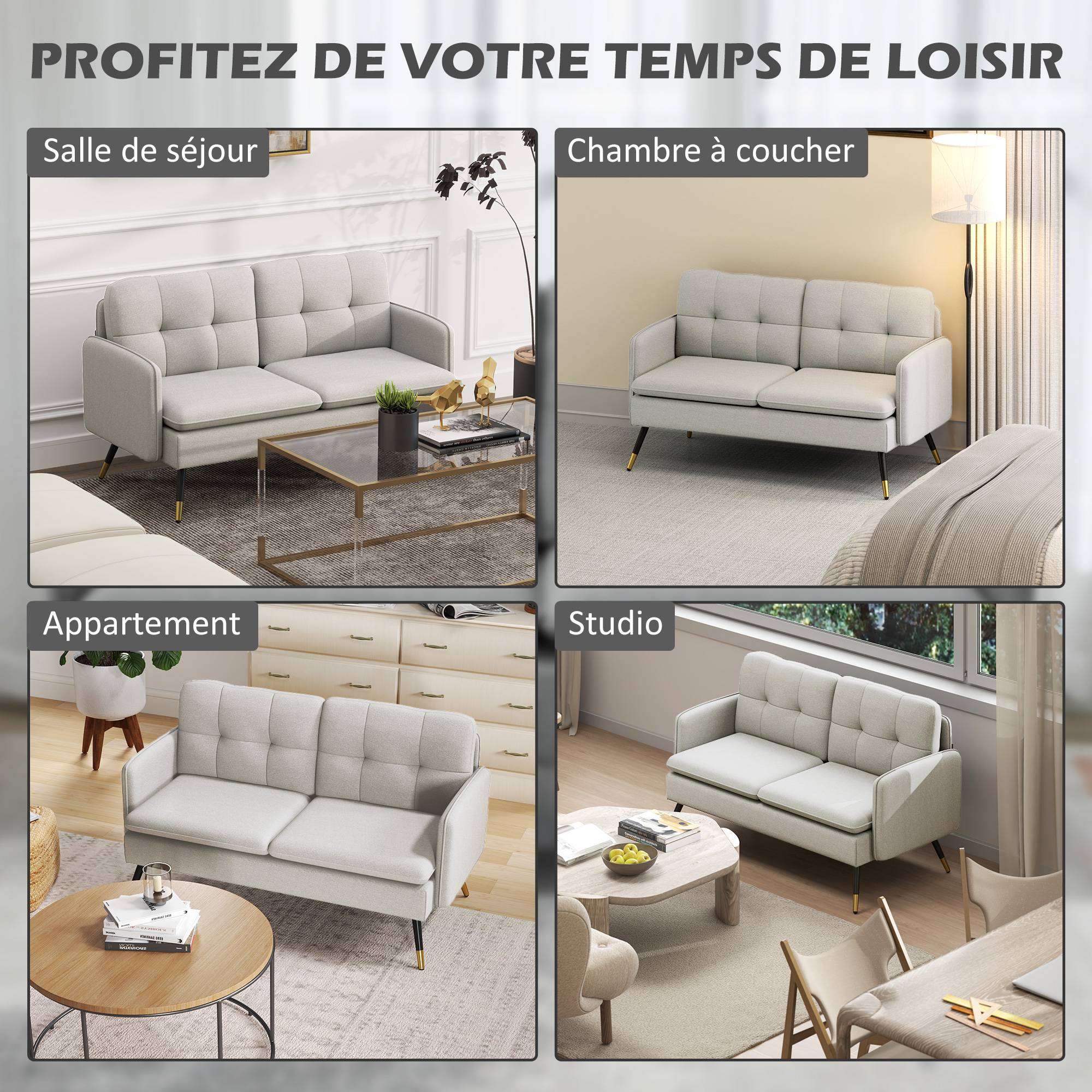 Canapé 2 places, canapé de salon, coussins, assise rembourrée, dossier capitonné, 139 x 68 x 80 cm, crème - Image 9