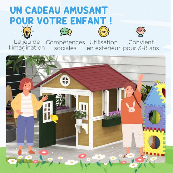 Cabane enfant extérieur maison enfant extérieure avec porte fenêtres et jardinières 114 x 126,4 x 135 cm beige - Image 8