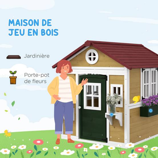 Cabane enfant extérieur maison enfant extérieure avec porte fenêtres et jardinières 114 x 126,4 x 135 cm beige - Image 6