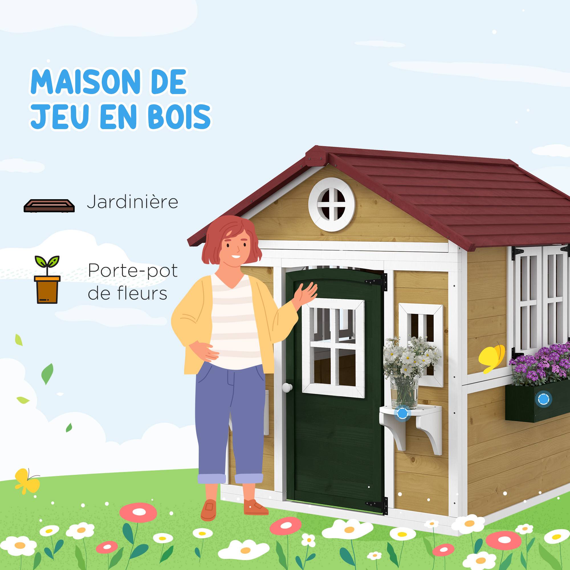 Cabane enfant extérieur maison enfant extérieure avec porte fenêtres et jardinières 114 x 126,4 x 135 cm beige - Image 6