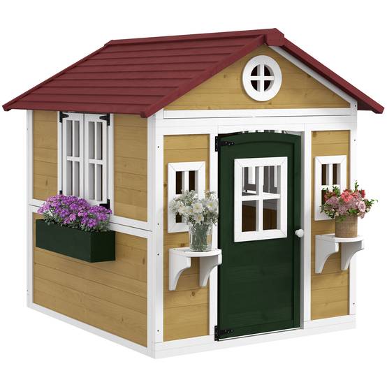 Cabane enfant extérieur maison enfant extérieure avec porte fenêtres et jardinières 114 x 126,4 x 135 cm beige - Image 1