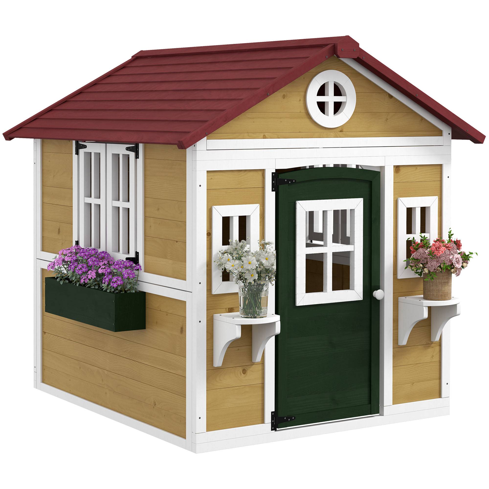 Cabane enfant extérieur maison enfant extérieure avec porte fenêtres et jardinières 114 x 126,4 x 135 cm beige - Image 1