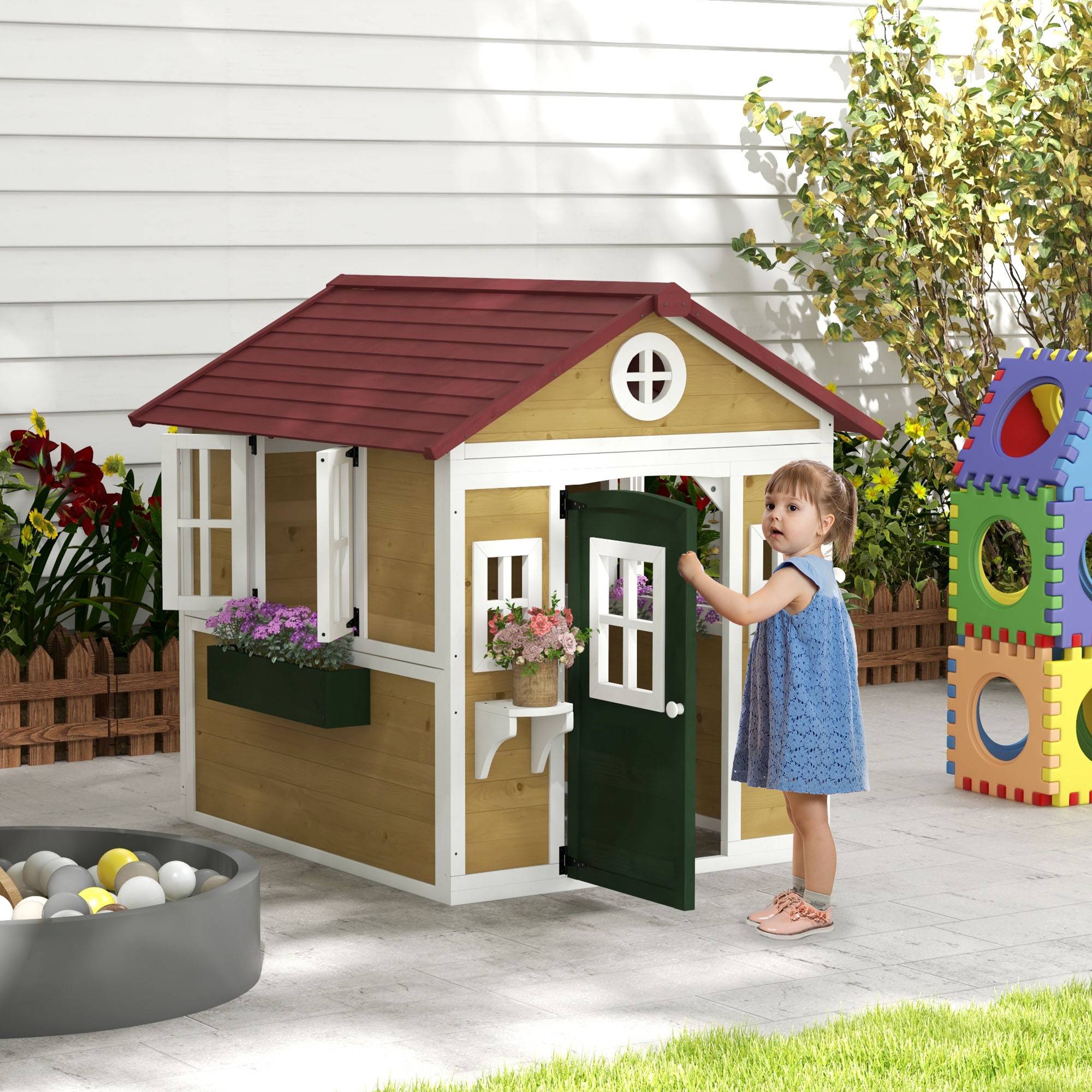 Cabane enfant extérieur maison enfant extérieure avec porte fenêtres et jardinières 114 x 126,4 x 135 cm beige - Image 4