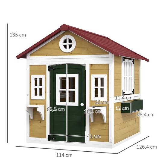 Cabane enfant extérieur maison enfant extérieure avec porte fenêtres et jardinières 114 x 126,4 x 135 cm beige - Image 5