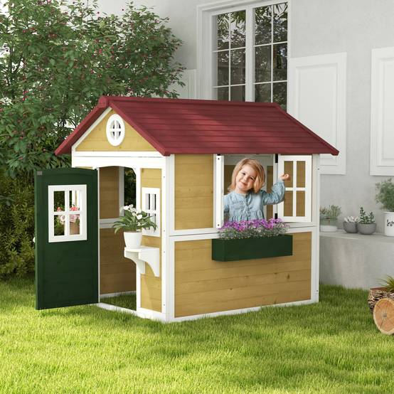 Cabane enfant extérieur maison enfant extérieure avec porte fenêtres et jardinières 114 x 126,4 x 135 cm beige - Image 3